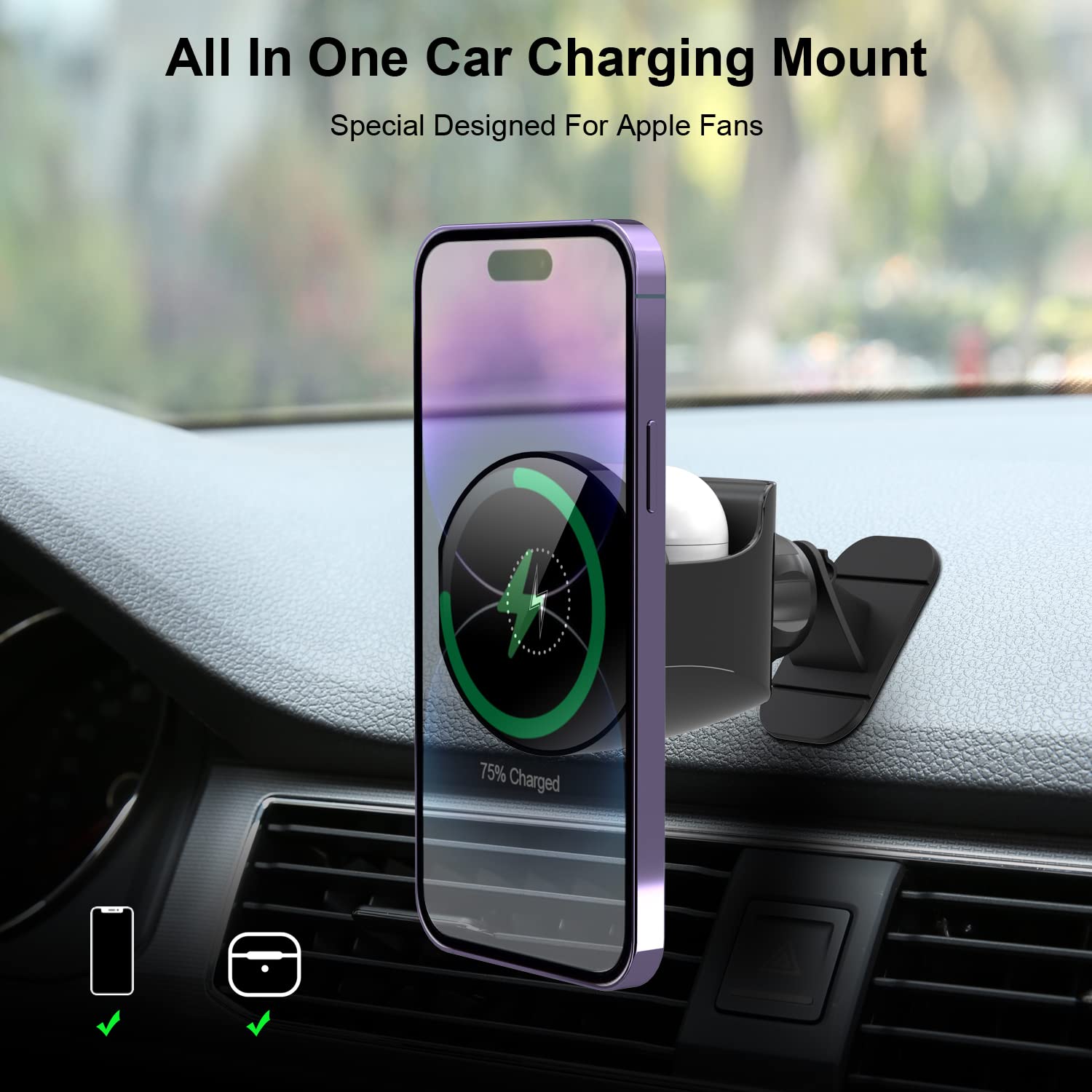 Magnetic Wireless Car Charger Mount for iPhone 14/13/12 Pro/Plus/Max/Mini & AirPods 2nd/3rd Gen - Fast Charging MagSafe Car Phone Holder with Secure Grip for Safe Driving & Hands-Free Use