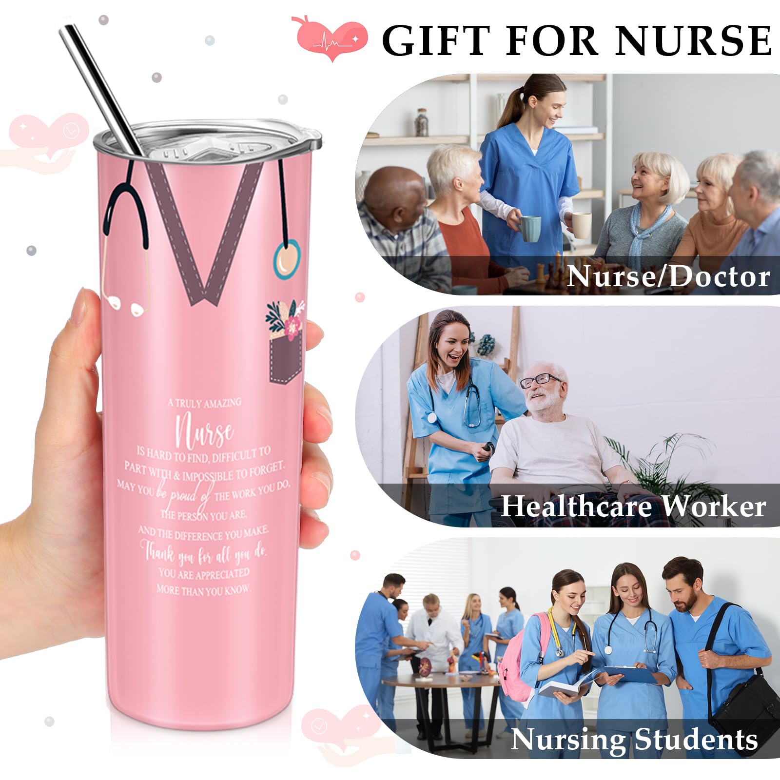 Sabary 24-Piece Nurse Appreciation Gift Set - 20oz Stainless Steel Tumblers with Straws, Stethoscope & Sign - Perfect for CNA Gifts, Nurses Week, Nursing Students & Medical Professionals - Great for Hospitals, Clinics & Christmas Celebrations (Multicolor)