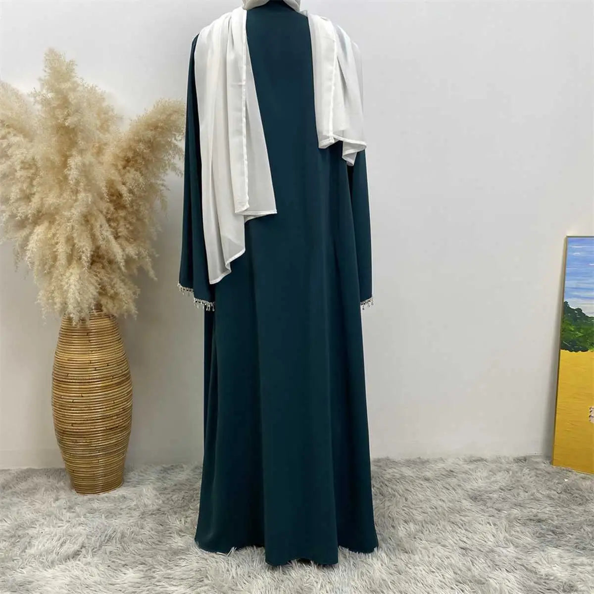 2-Piece Rhinestone Open Abaya Dress Set with Inner Sleeveless Dress & Belt - Elegant Muslim Fashion for Weddings, Parties & Special Occasions