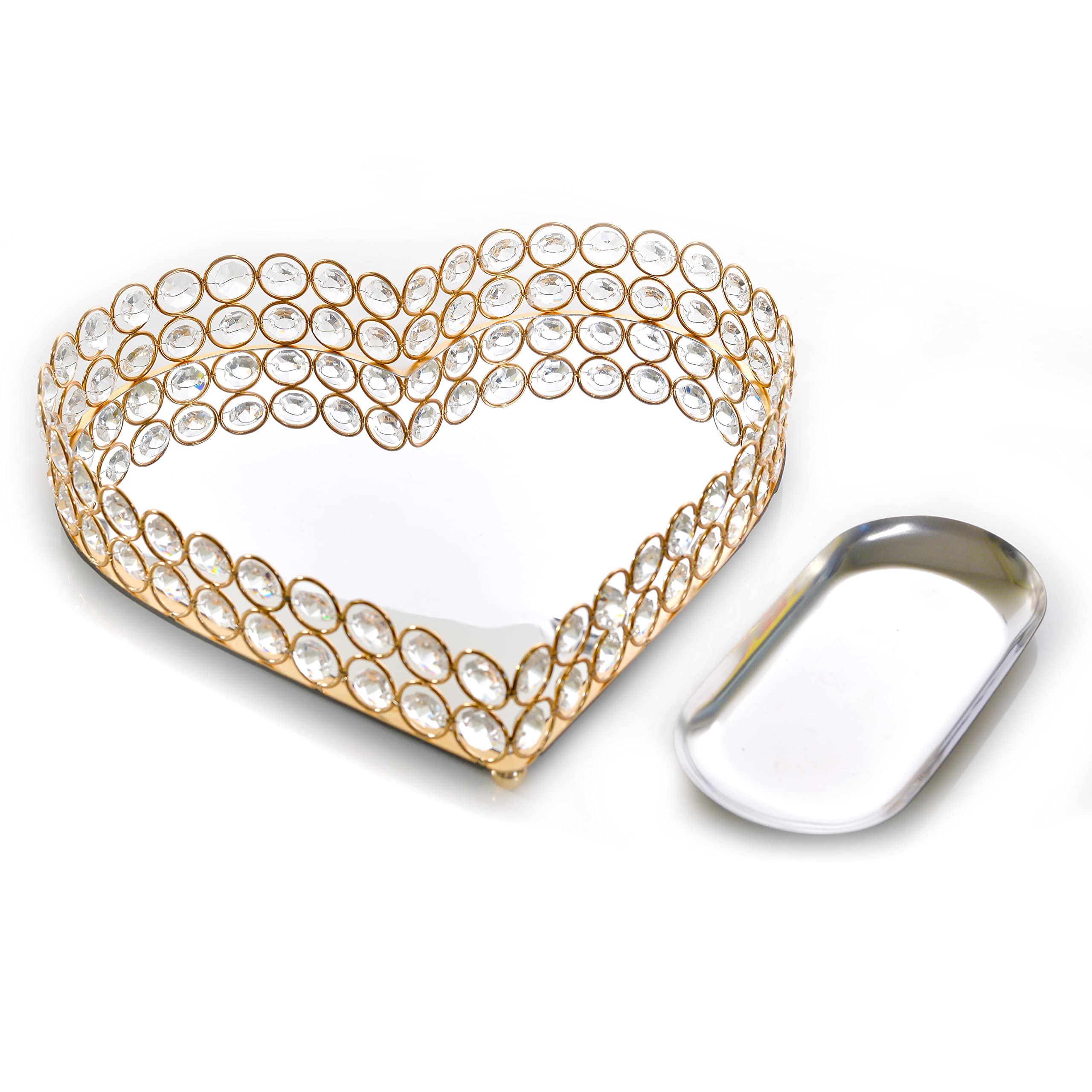 Heart-Shaped Vanity Tray - 11 Inch Gold Metal Crystal Jewelry & Makeup Organizer with Mirror - Perfect for Perfume Display, Home Decor, Party & Holiday Gift (Heart, 11in, Gold) - Ideal for Bedroom Dresser, Bathroom Counter & Wedding Decorations