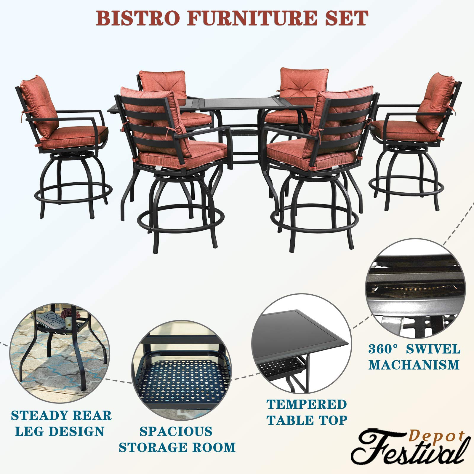360° Swivel Bar Height Patio Bistro Set - 9-Piece All-Weather Metal Outdoor Dining Set with Cushioned Chairs & Table for Deck, Lawn, Garden (Red) - Perfect for Backyard BBQs, Poolside Lounging & Outdoor Entertaining