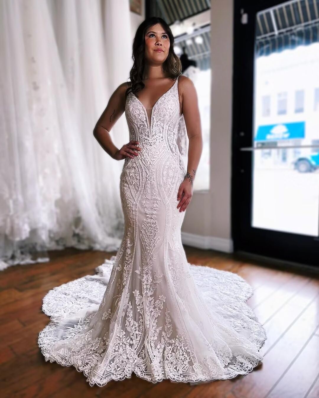 2024 Boho Beach Wedding Dresses for Women - V Neck Lace Applique Spaghetti Strap Bridal Gowns | Perfect for Beach, Garden & Destination Weddings (PU083)