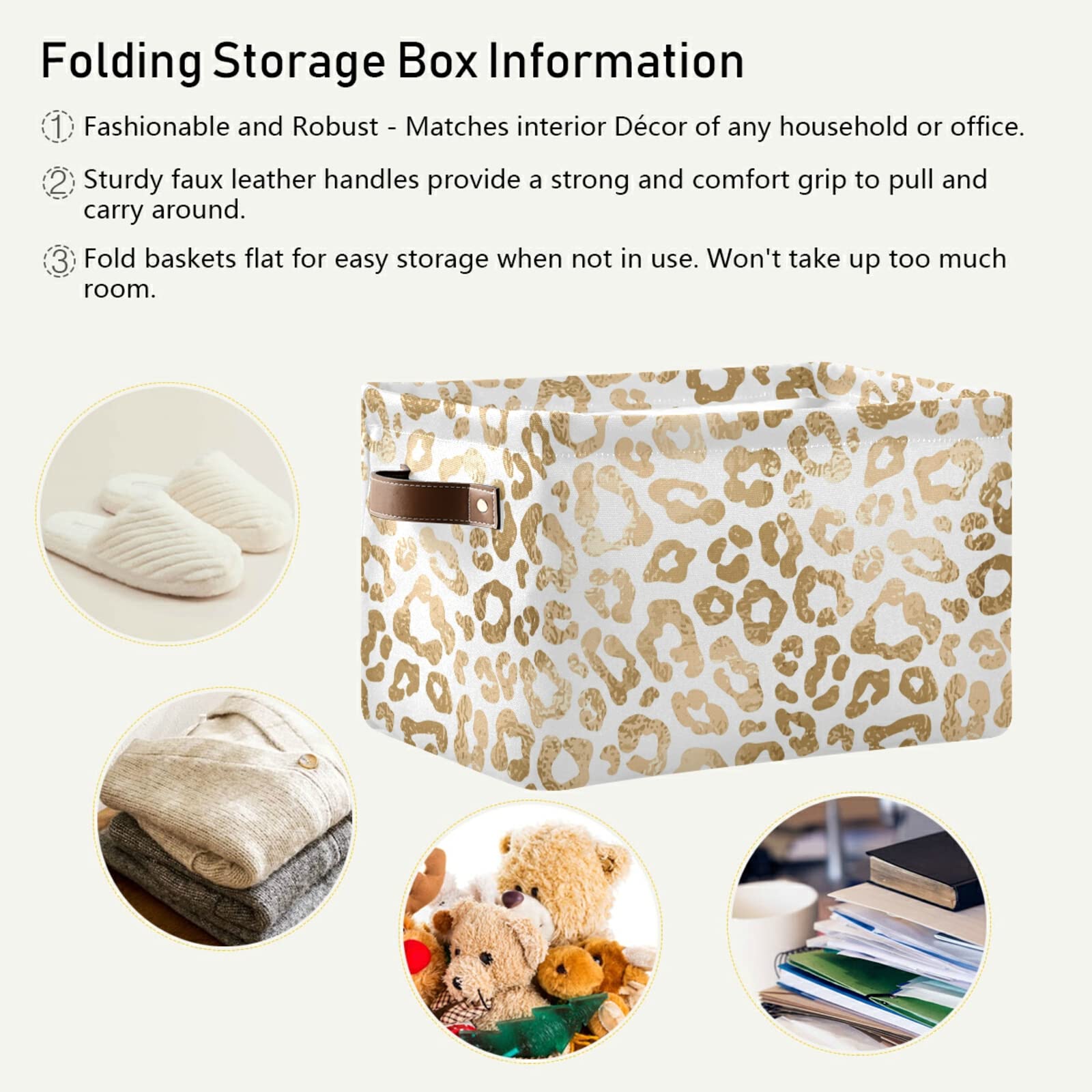 Golden Leopard Print Collapsible Storage Basket with Leather Handles - Foldable Rectangular Storage Bin for Home Organization, Office Supplies & Closet Storage | Perfect for Bedroom, Bathroom & Laundry Room Organization