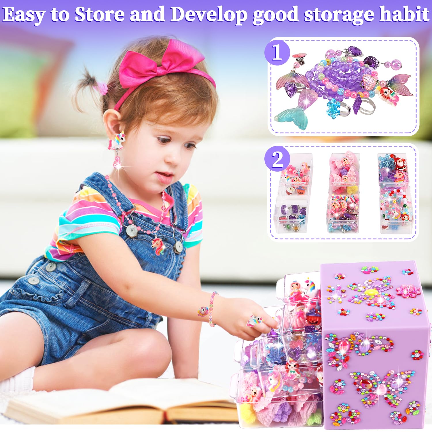 51 Pcs Girls Jewelry Set for Toddlers Ages 3-10 - Clip on Earrings, Adjustable Rings & Hair Clips - Princess Dress Up Toys for Birthday & Christmas Gifts - Perfect for Pretend Play, Tea Parties & Dress Up Games