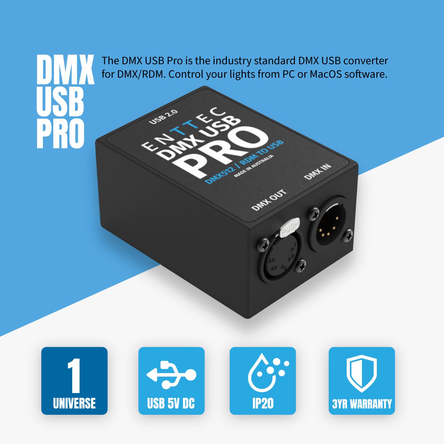 ENTTEC DMX USB Pro 512-Channel USB to DMX Interface Converter for Stage Lighting & LED Control - Perfect for DJ Shows, Theater Productions, and Event Lighting