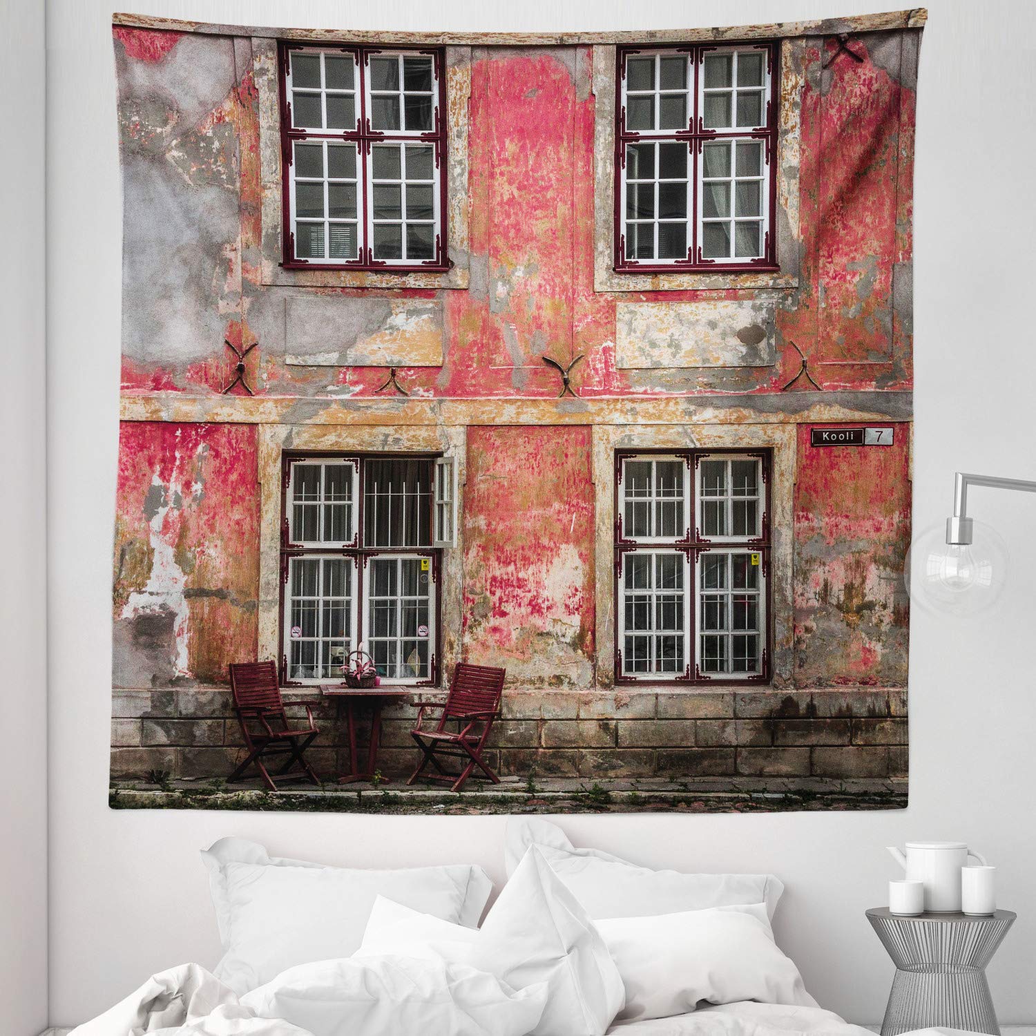 Ambesonne Urban Tapestry Queen Size 88x88 Inch - Medieval European Cityscape Wall Hanging, Nordic Travel Landmark Bedspread & Wall Decor in Pale Orange Burgundy - Perfect for Bedroom, Living Room or Dorm Decor