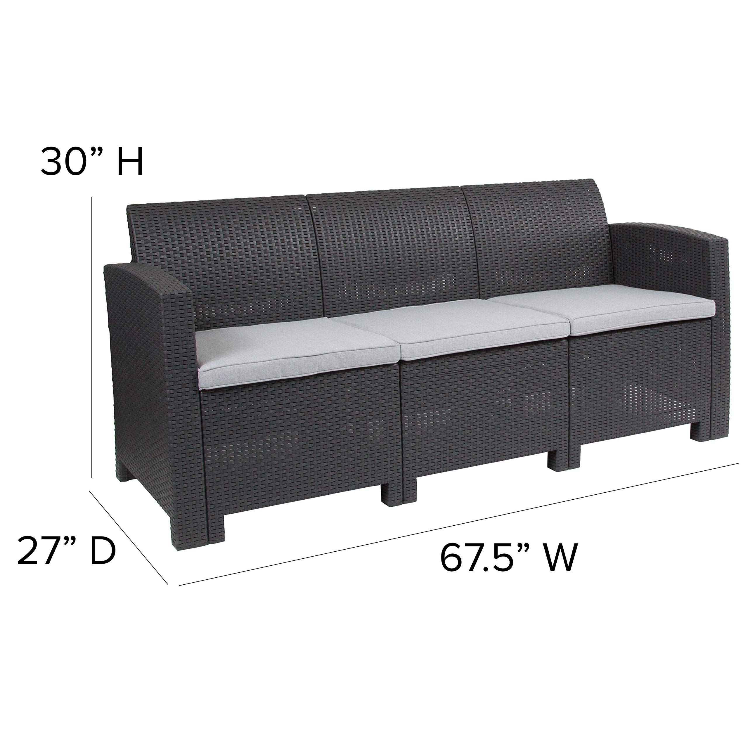 Dark Gray Faux Rattan Sofa with Light Gray Cushions - Modern Wicker Patio Furniture for Outdoor Living Room, Garden, Balcony & Porch