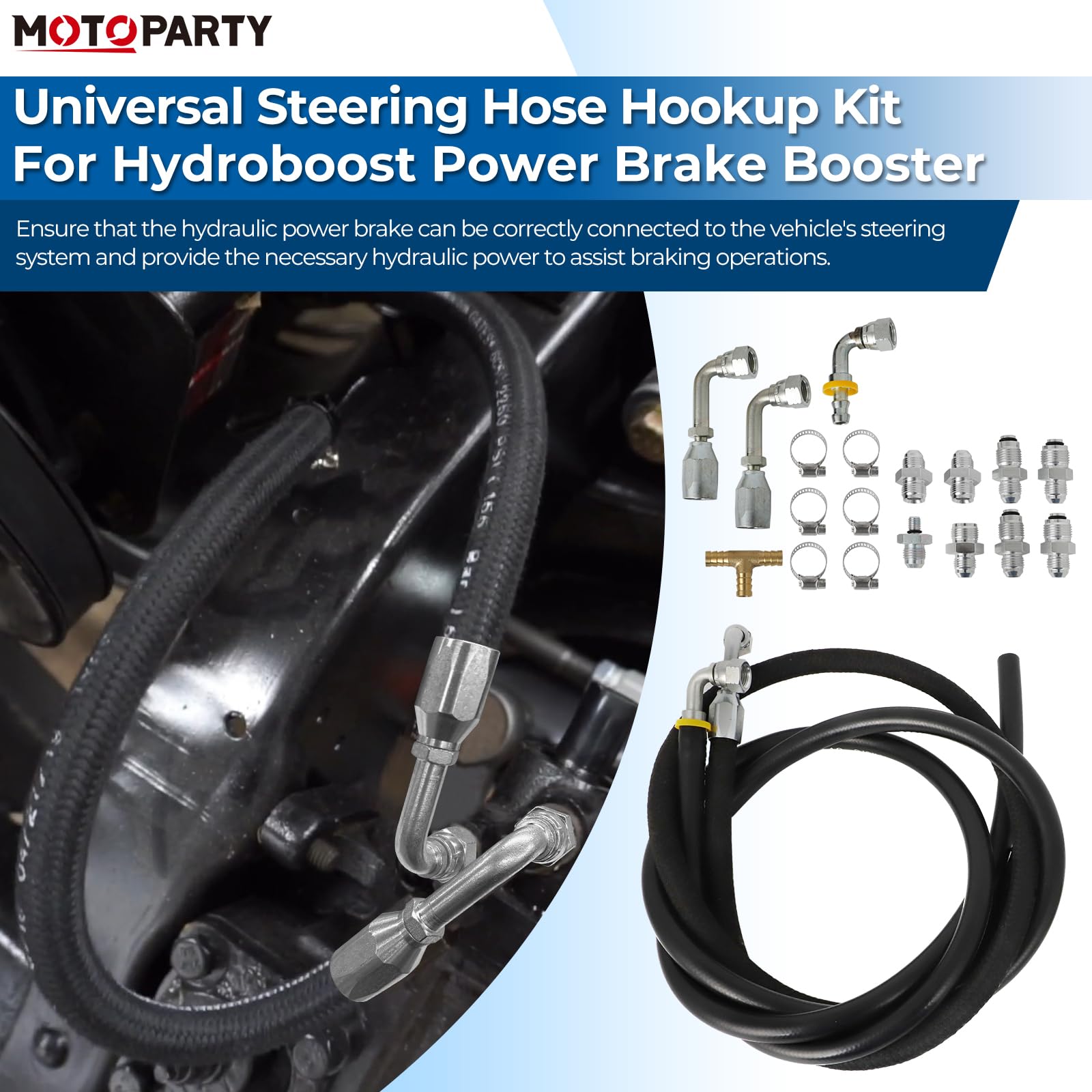 Motoparty Universal Steering Hose Hookup Kit for Hydroboost Power Brake Booster - Complete Accessories Included | Perfect for Truck, SUV & Off-Road Vehicle Brake System Upgrades