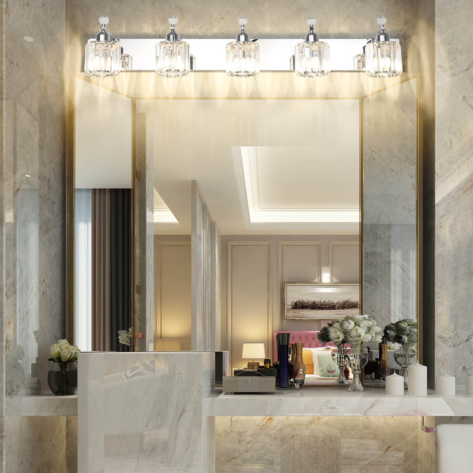 Modern Crystal Bathroom Vanity Light Fixture - 5-Light Chrome Vanity Lighting for Bathroom Mirror (Bulbs Not Included) | Perfect for Contemporary Bathrooms, Master Suites & Powder Rooms