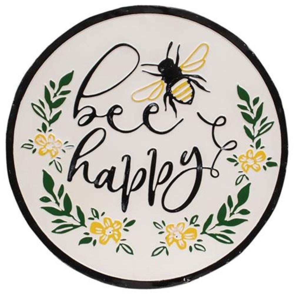 Bee Happy Distressed Enamel Sign - Vintage Farmhouse Wall Decor for Kitchen, Garden & Outdoor Rustic Home Decor - Perfect for Country Style Living Room, Patio or Cafe