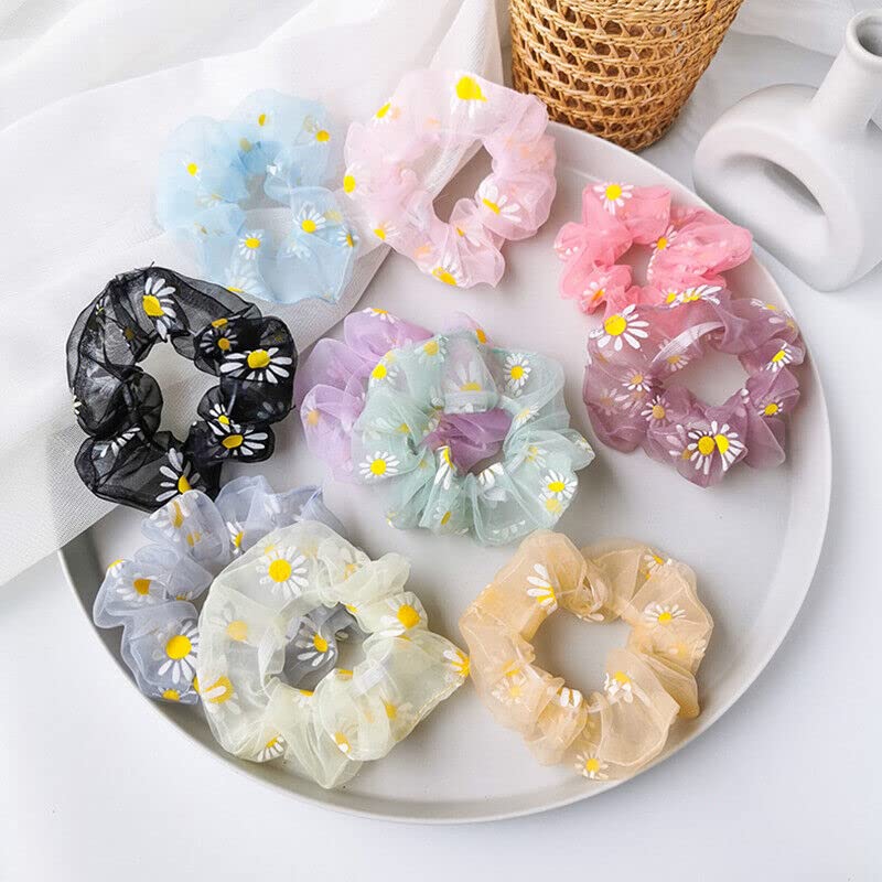 Elegant Organza Daisy Print Hair Scrunchie - Soft Elastic Hair Ties for Girls & Women - Perfect for School, Work, and Everyday Styling