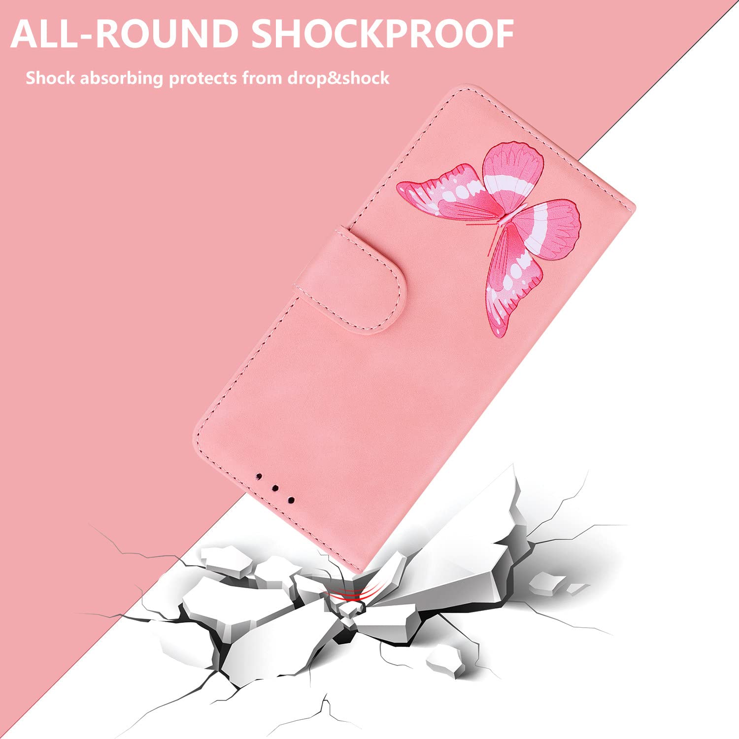 Premium Butterfly Design Flip Kickstand Magnetic Buckle Wallet Case for Oppo A33/A53 - Soft Touch Pink Cover with Card Slots | Perfect for Work, Travel & Daily Protection