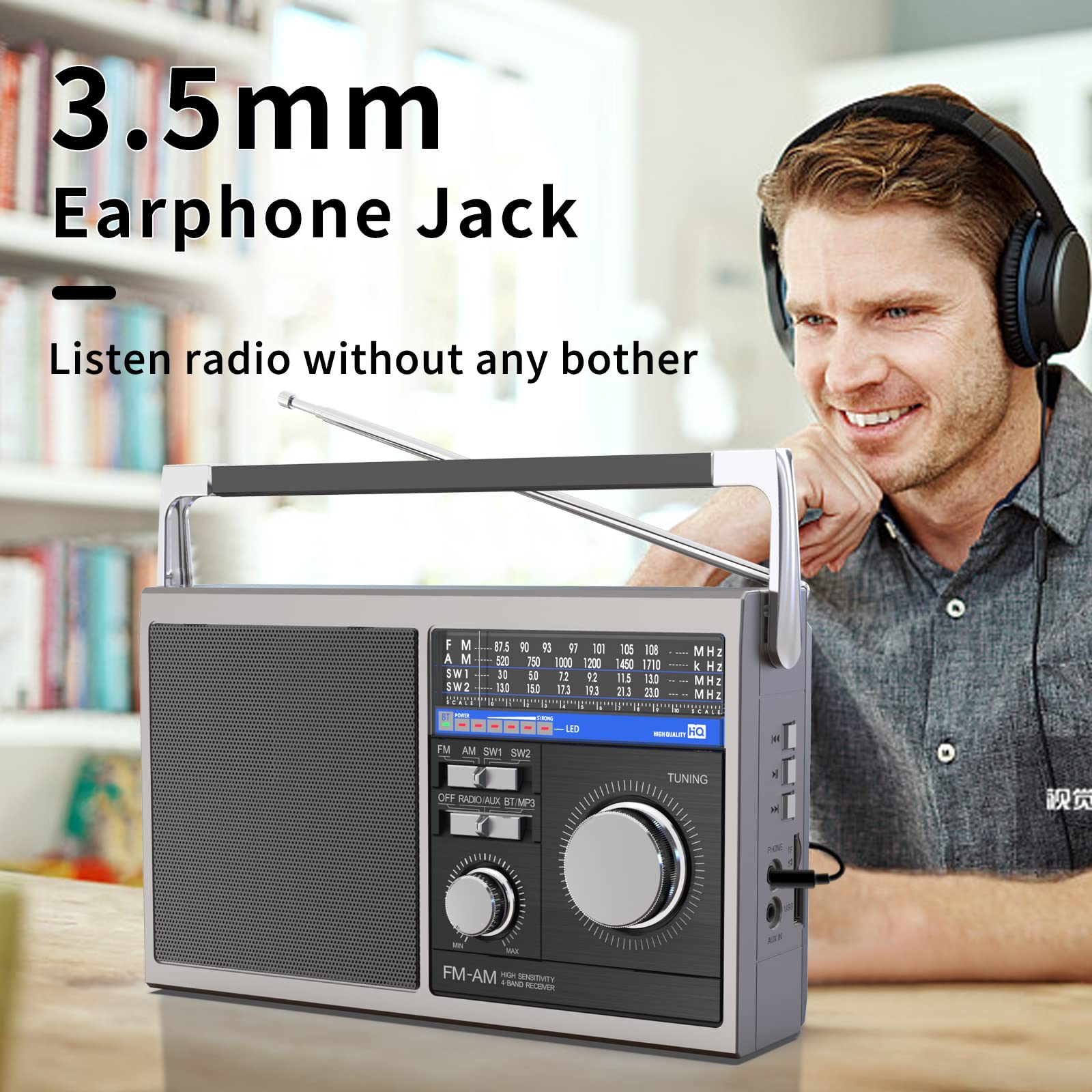 Portable AM FM Shortwave Radio with Bluetooth Speaker - Best Reception, Battery or AC Powered, Earphone Jack, USB/TF/AUX Input - Perfect for Seniors, Travel, Emergency & Outdoor Use (Gray)