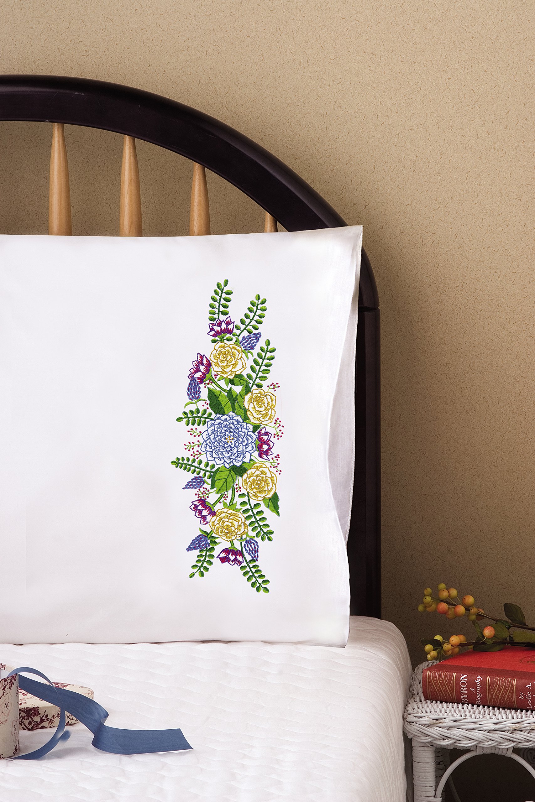 Tobin Stamped Pillowcases - Floral Fantasy Embroidery Kit 20x30 Inches - DIY Floral Design for Home Decor, Bedroom & Gift Ideas