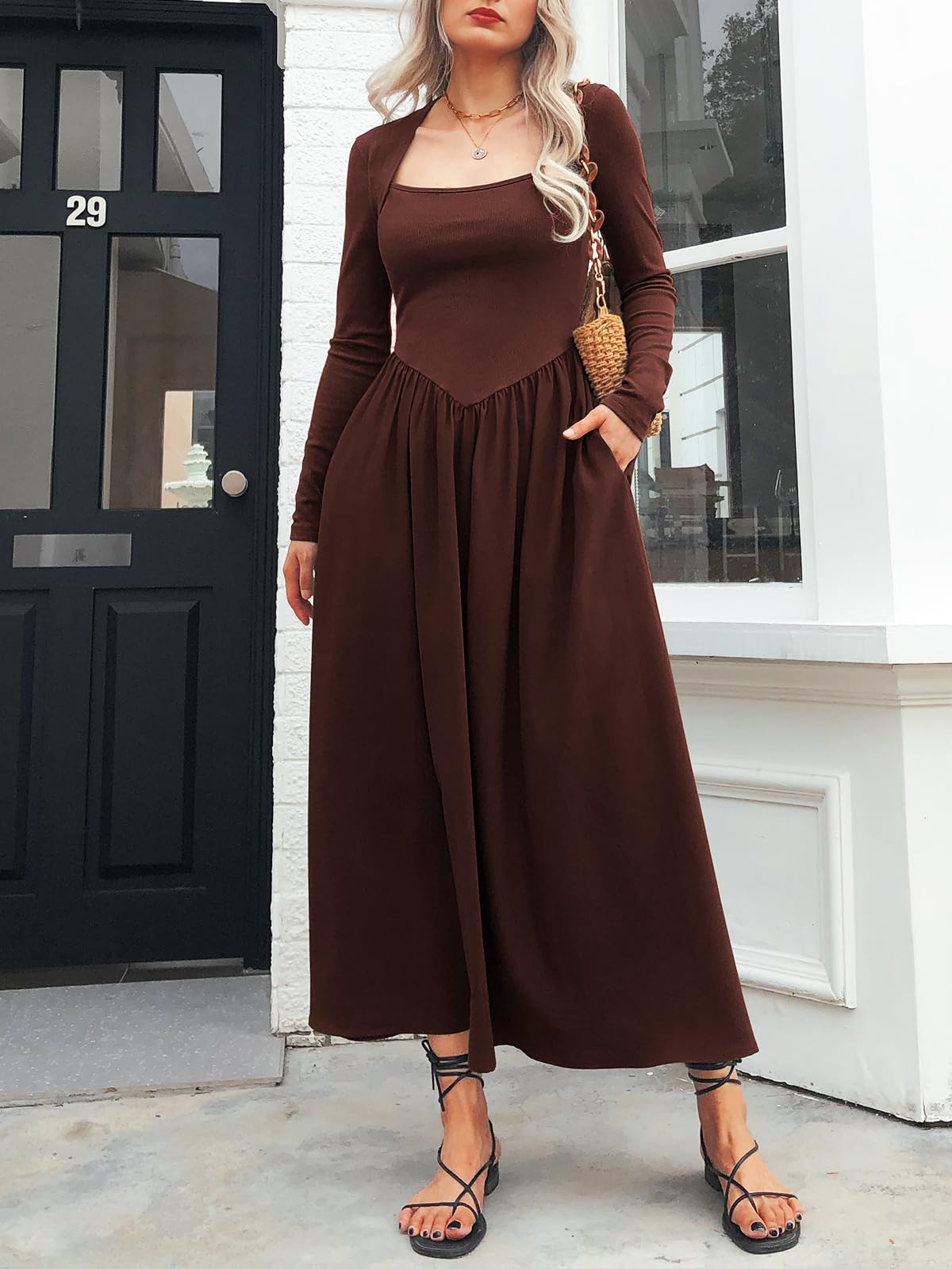 Women's Long Sleeve Maxi Dress 2024 | Fall Crewneck Knit Casual Solid Wedding Guest Dress | Flowy Elegant Long Dress with Pockets | Perfect for Weddings, Parties & Autumn Outfits