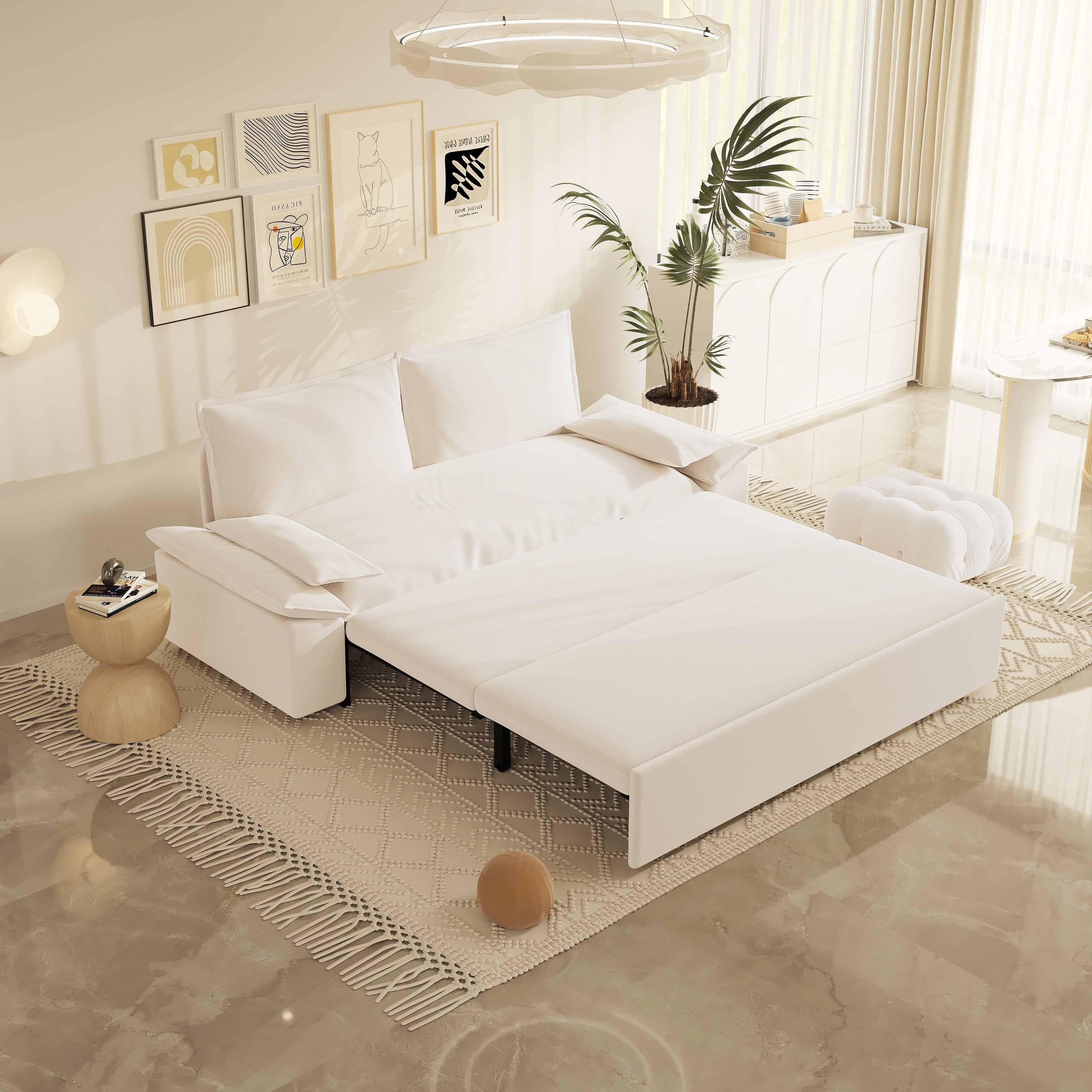 3 in 1 Convertible Sleeper Sofa Bed - Queen Size Pull Out Couch with Velvet Upholstery & Pillows - Perfect for Small Spaces, Guest Rooms & Apartments