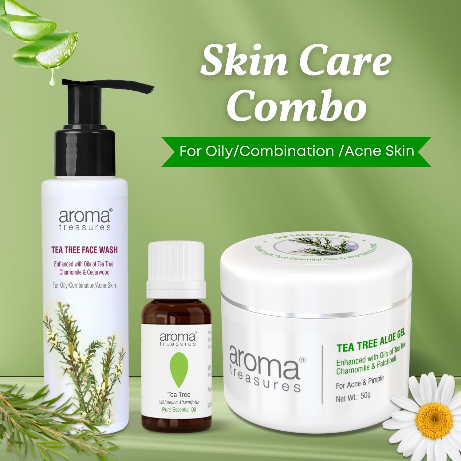 Aroma Treasures Acne Pimple Mini Combo Set - Tea Tree Oil, Face Wash & Aloe Gel for Clear Skin | Perfect for Daily Skincare Routine & Travel