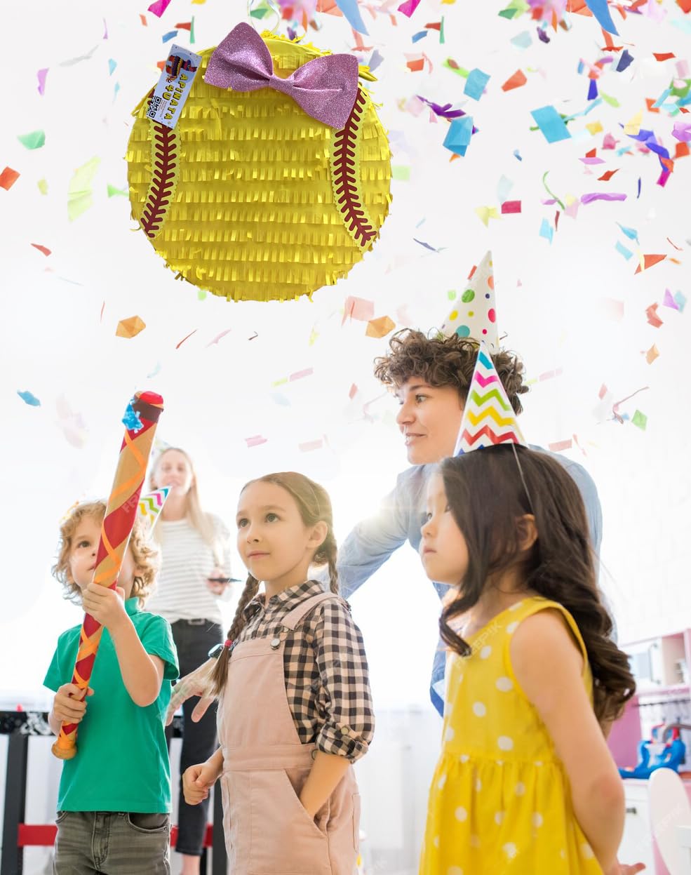 2-D Yellow Softball Piñata with Glittery Pink Bow Accent - 16 Inch Party Decor for Birthday, Sports Theme Celebration & Kids Events
