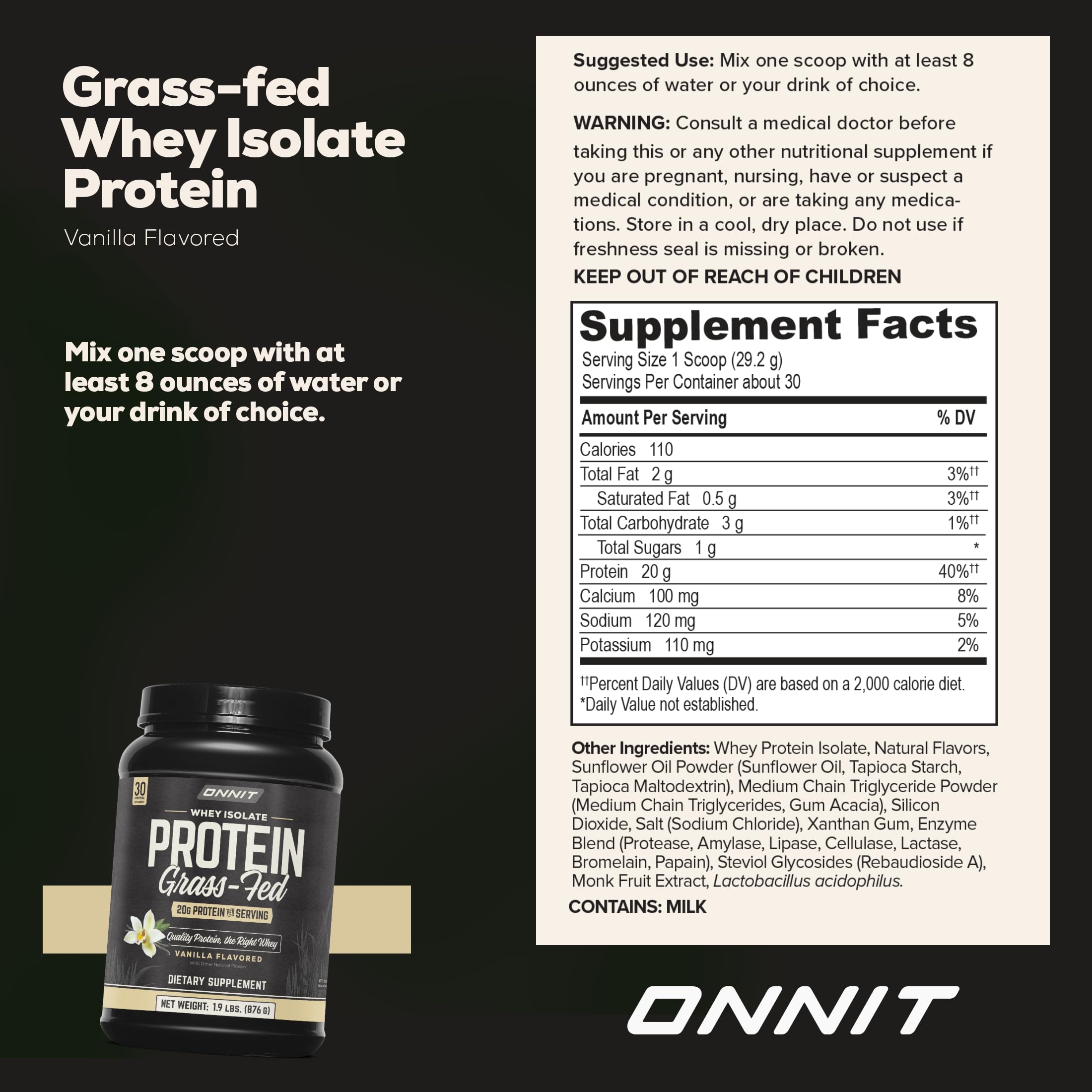 ONNIT Grass Fed Whey Isolate Protein Powder - Vanilla Flavor | 30.7 oz (30 Servings) | Whey Protein Supplement for Muscle Gain & Workout Recovery | Ideal for Post-Workout Shakes, Smoothies & Fitness Nutrition
