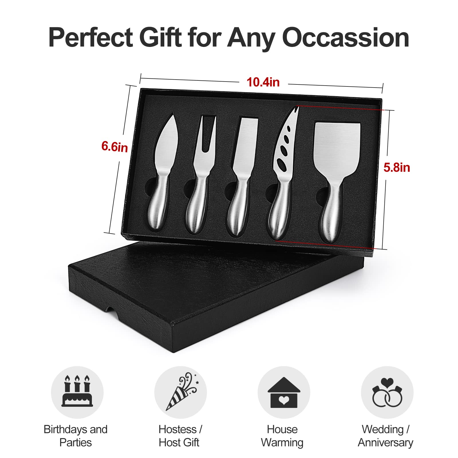 5-Piece Stainless Steel Cheese Knife Set - Charcuterie Board Accessories with Slicer & Cutter | Perfect for Valentine's Day Gifts, Dinner Parties & Cheese Tasting Events