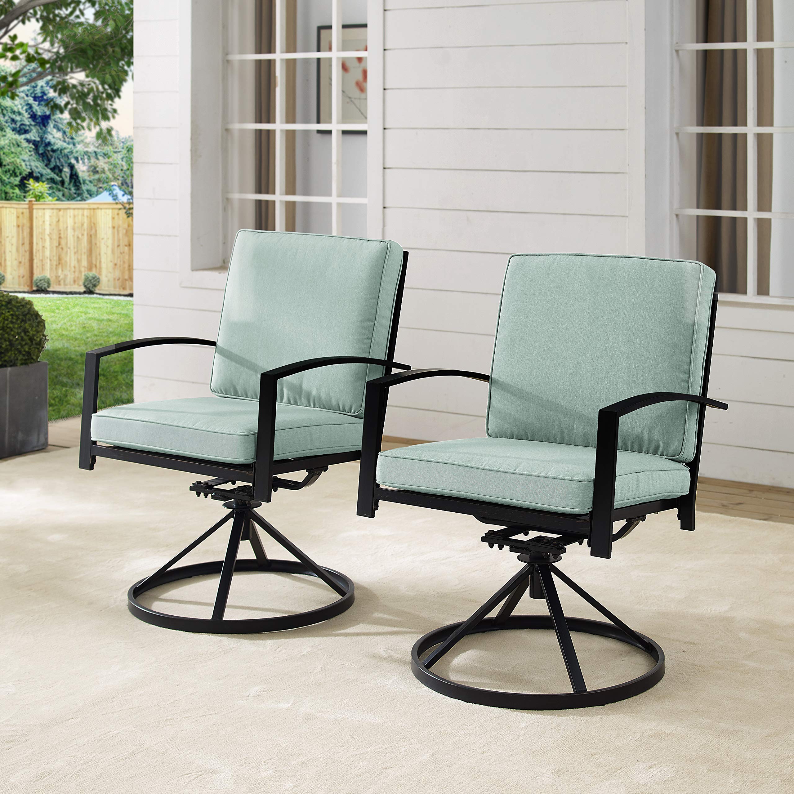 Crosley Furniture Kaplan 2-Piece Swivel Outdoor Chair Set - Oiled Bronze Patio Dining Chairs with Mist Cushions for Deck, Backyard, Garden & Poolside Relaxation