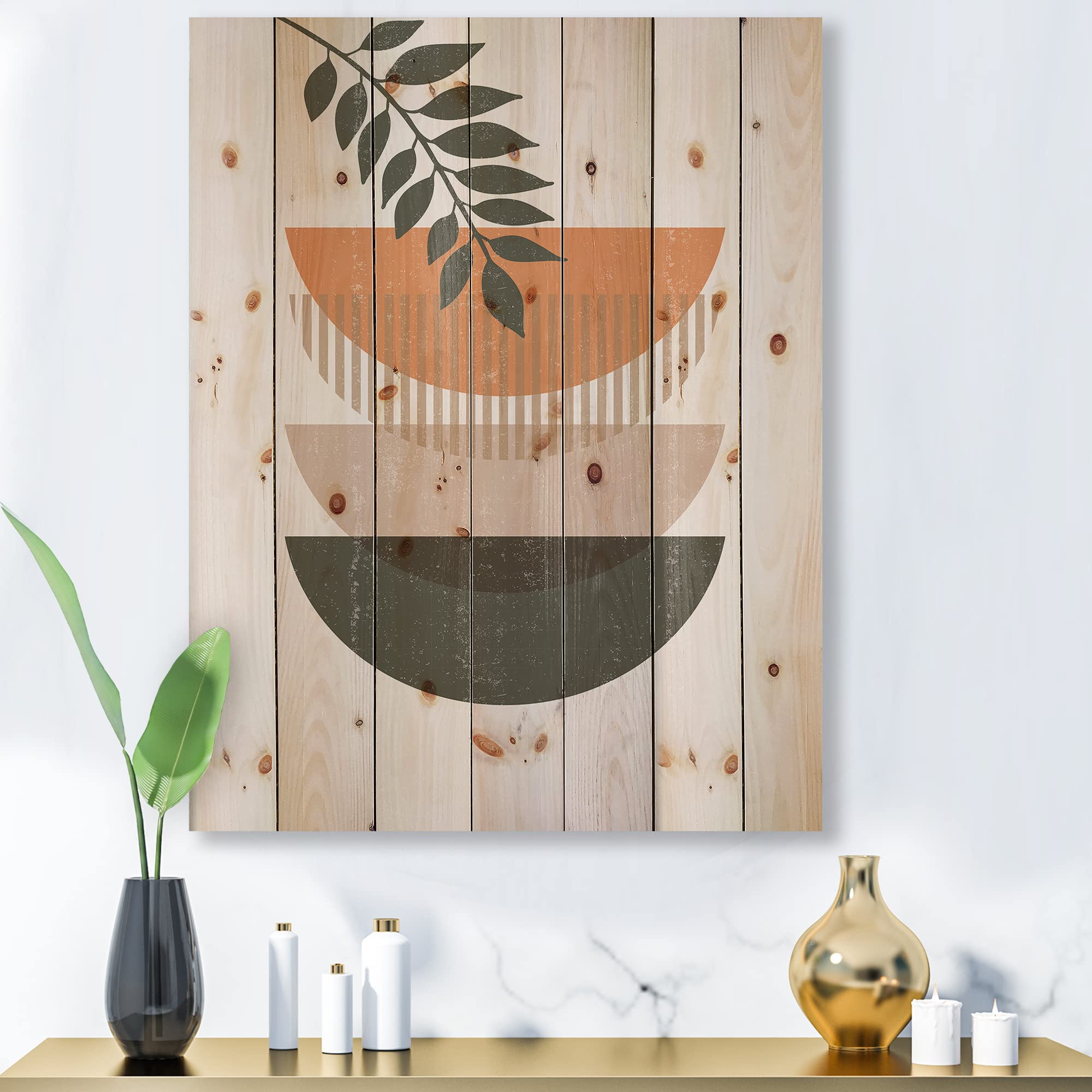Abstract Sun Moon Leaf Wood Wall Art - Modern Floral Decor for Living Room