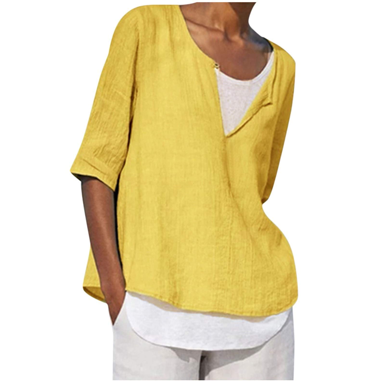 Women's Plus Size Loose Linen Button-Down Shirt - Casual V-Neck Tunic Blouse in Solid Yellow (XXL) | Perfect for Summer Outfits, Office Wear & Casual Occasions