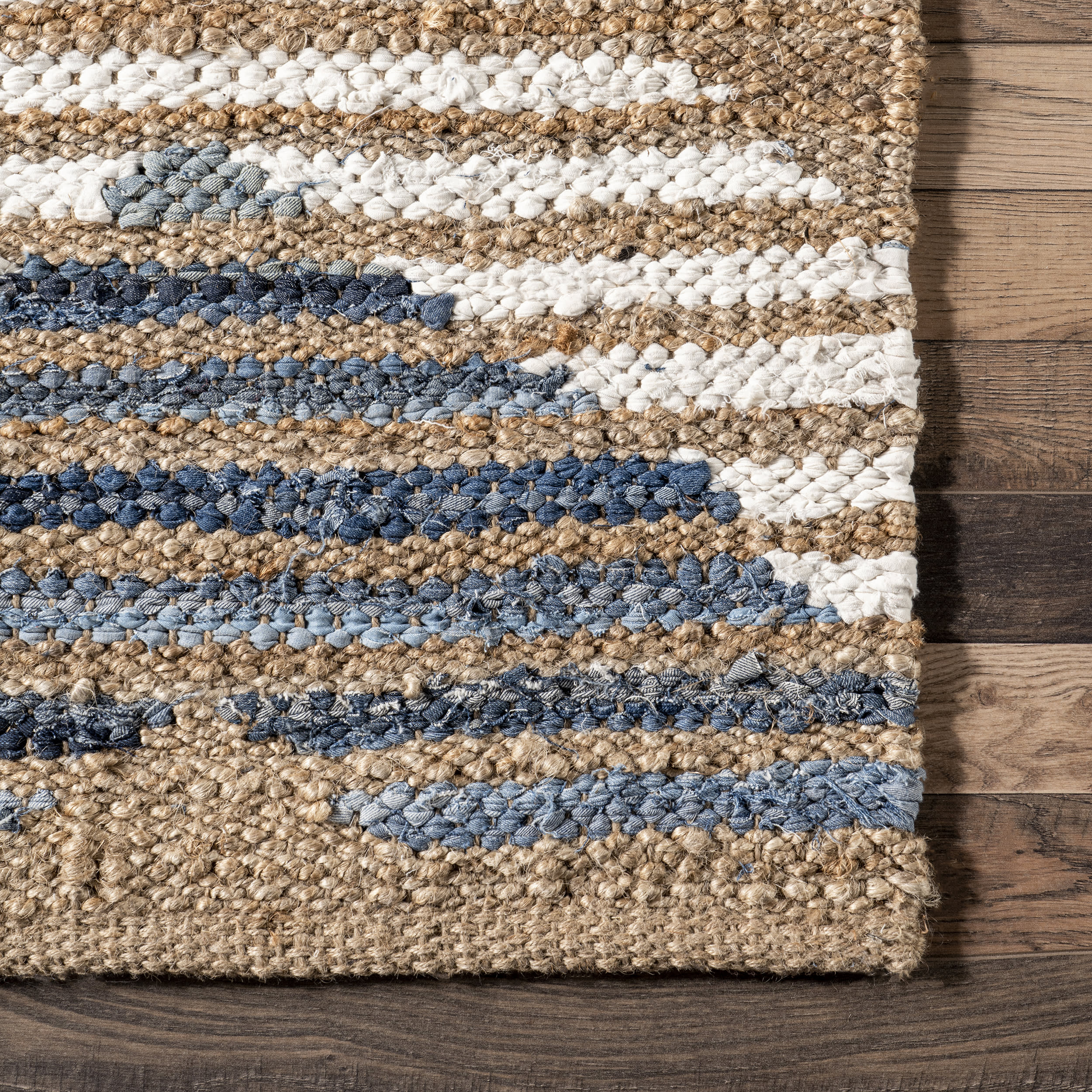Hand Braided Denim and Jute Striped Diamond Area Rug - Off White - Boho Chic Home Decor for Living Room, Bedroom, or Nursery