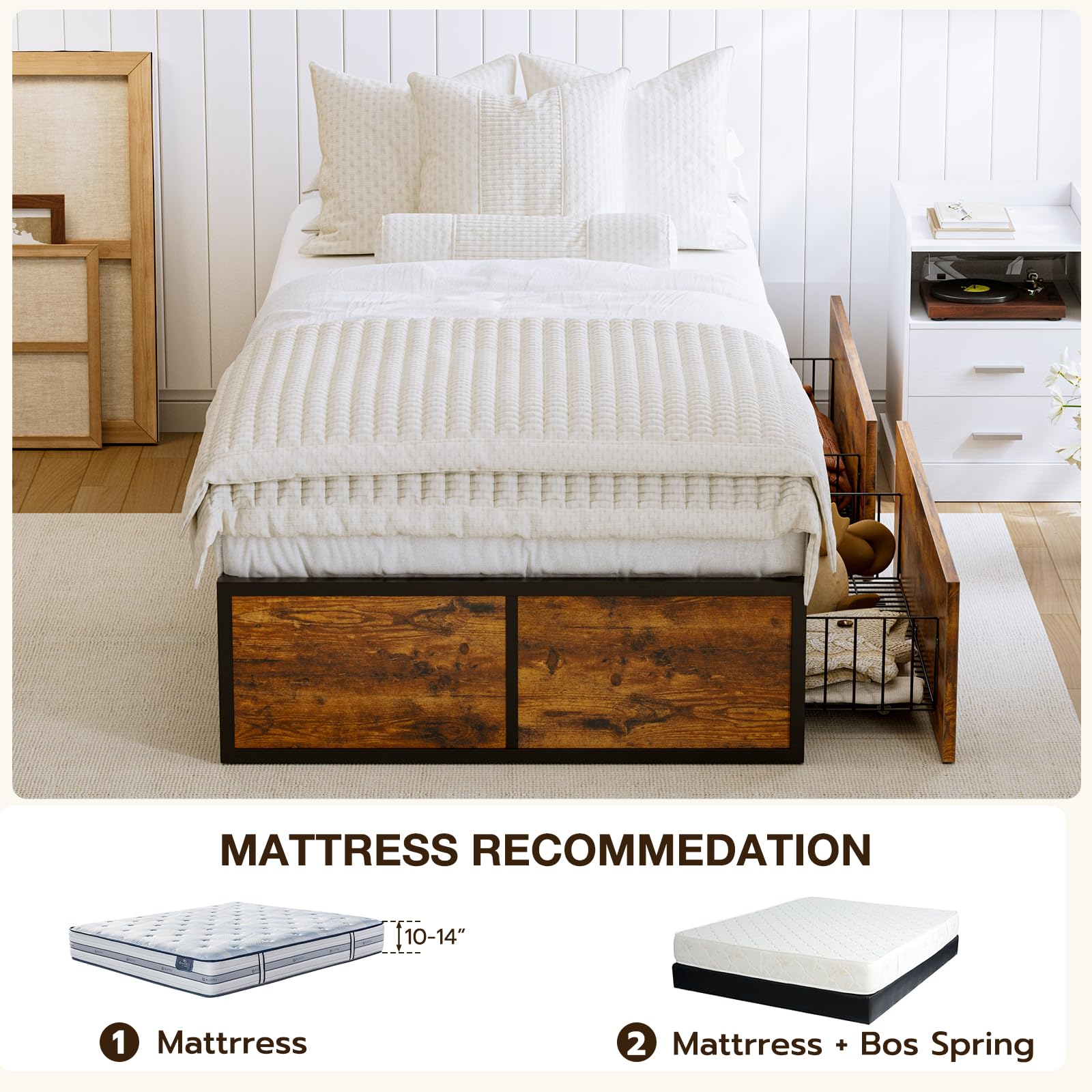 GAZHOME Twin Bed Frame with 2 XL Storage Drawers - Sturdy Metal Platform Bed with Footboard, 9 Reinforced Slats (No Box Spring Required) - Easy Assembly Space-Saving Design for Small Bedrooms, Dorms & Guest Rooms