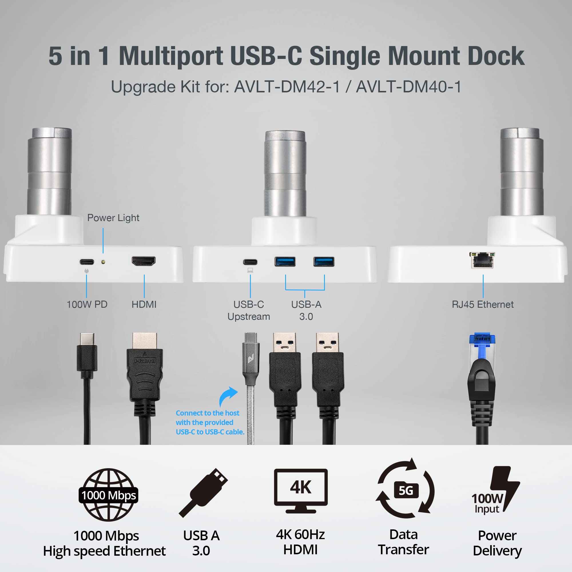 5-in-1 USB C Docking Station for AVLT-DM42-1 & AVLT-DM40-1 - 4K60Hz HDMI, 5Gbps USB-A, Gigabit Ethernet, 100W PD Charging - White - Perfect for Home Office & Remote Work Setup