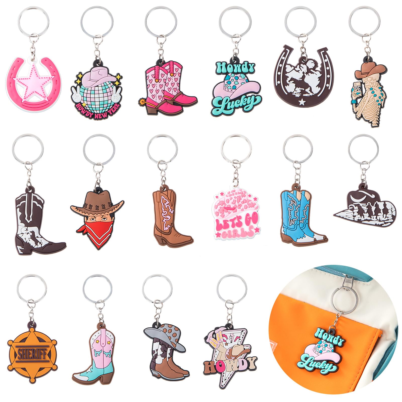 16pcs Cowboy Keychain Keyring Set - Durable Silicone Key Rings for Kids, Boys & Girls - Western Party Favors, Gifts & Accessories - Perfect for Birthday Parties, School Events & Cowboy Themed Decorations
