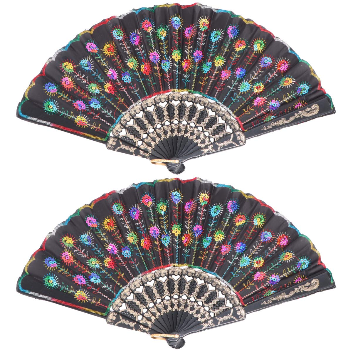 Kesyoo 2-Pack Embroidered Peacock Flower Sequin Folding Hand Fan - Vintage Asian Fabric Handheld Fan for Weddings, Parties & Home Decor