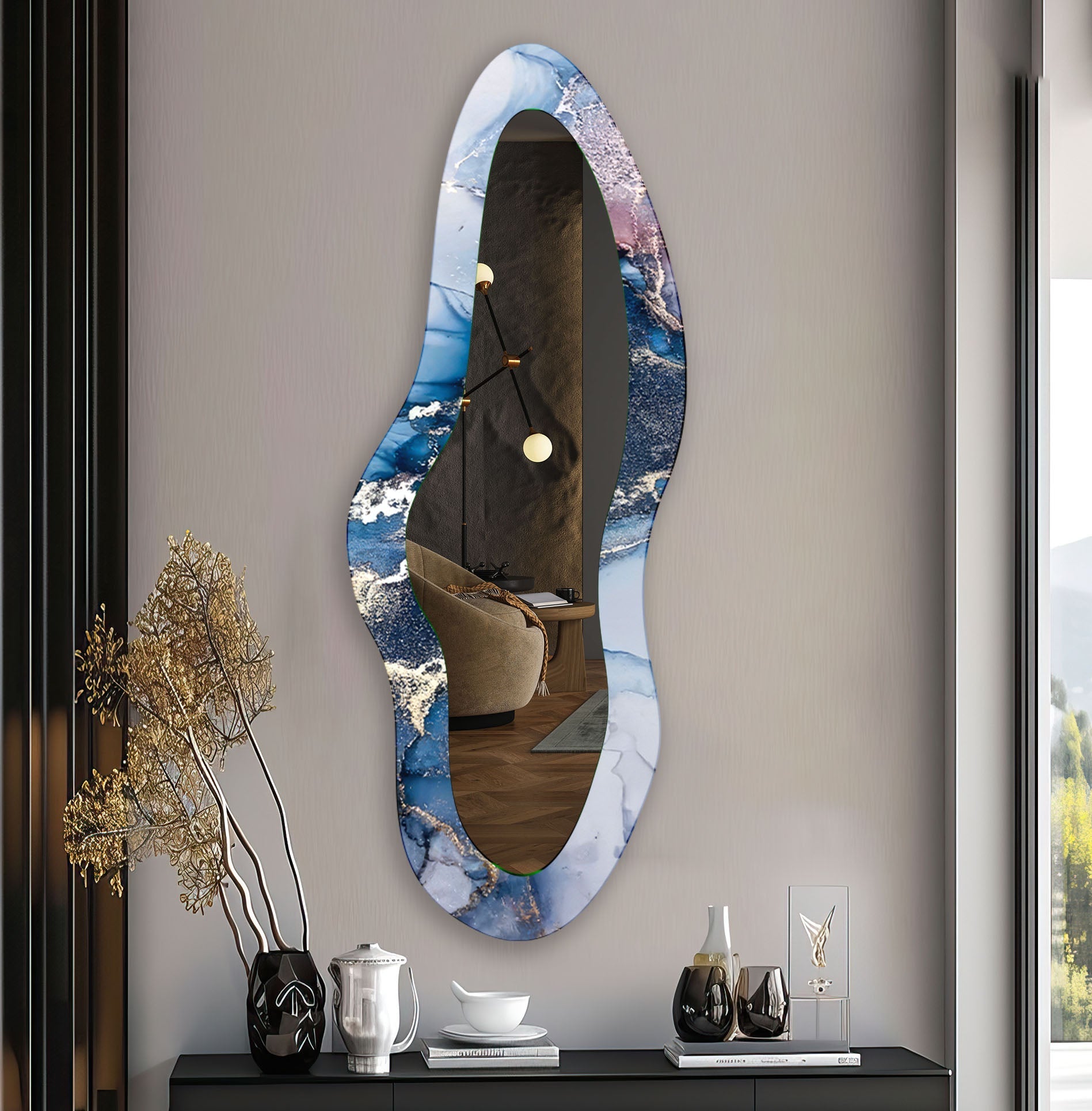 Blue Alcohol Ink Aesthetic Wall Mirror - Handmade Boho Decor for Bedroom, Living Room & Bathroom - Unique Home Wall Art for Modern Interior Design