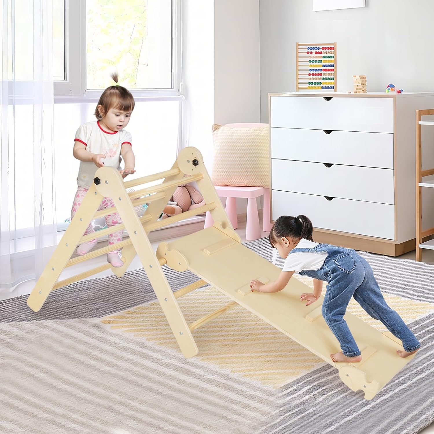 GOPLUS 4-in-1 Foldable Montessori Climbing Triangle with Slide & Ramp - Indoor Play Gym for Kids Ages 3-9 Years - 60KG Weight Capacity (Natural Wood) - Perfect for Home Playrooms, Daycares & Montessori Learning Spaces