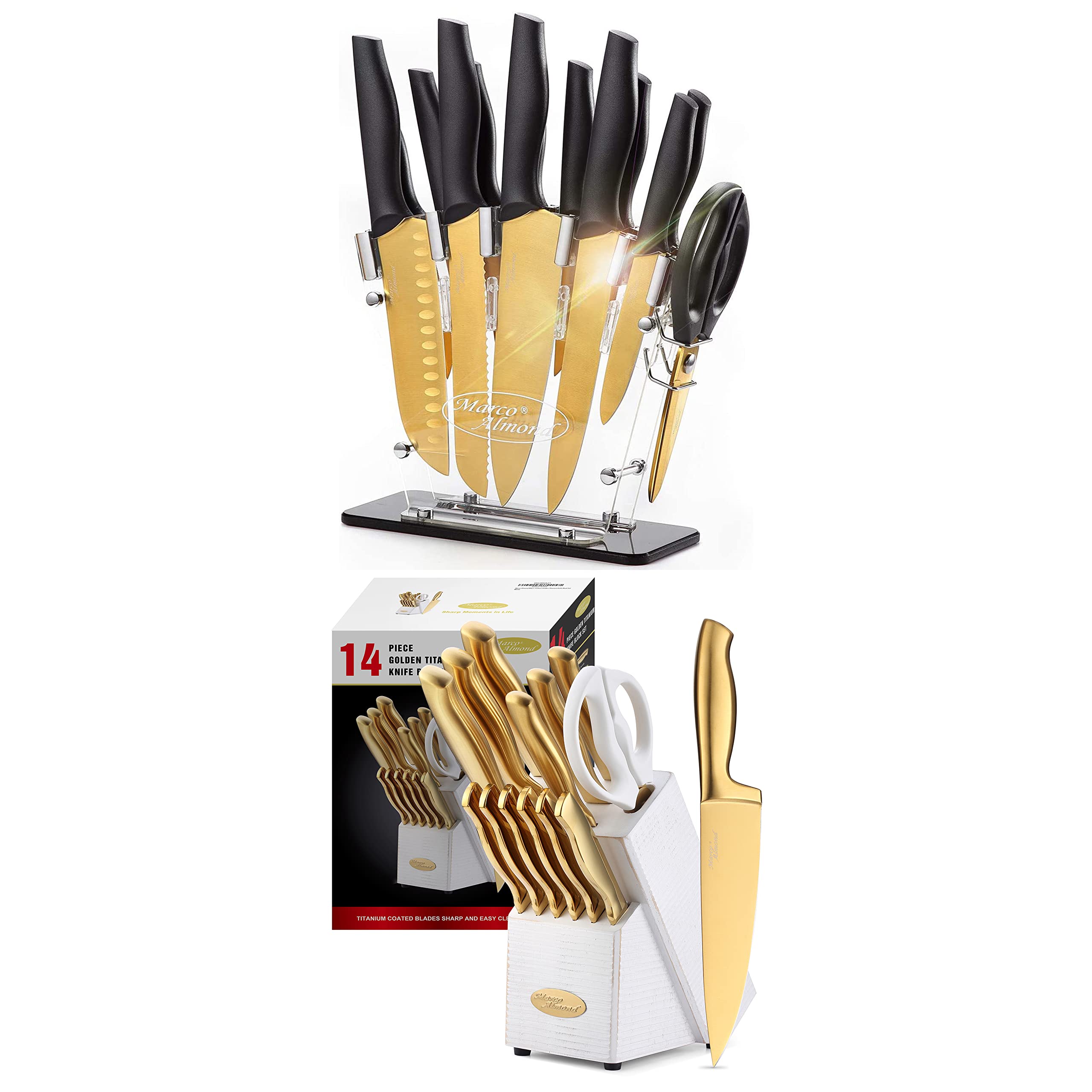 KYA23 14-Piece Golden Titanium Knife Set with Acrylic Stand - Premium Marco Almond MA21 Kitchen Knives for Slicing, Dicing & Chopping - Perfect for Home Chefs & Professional Cooking