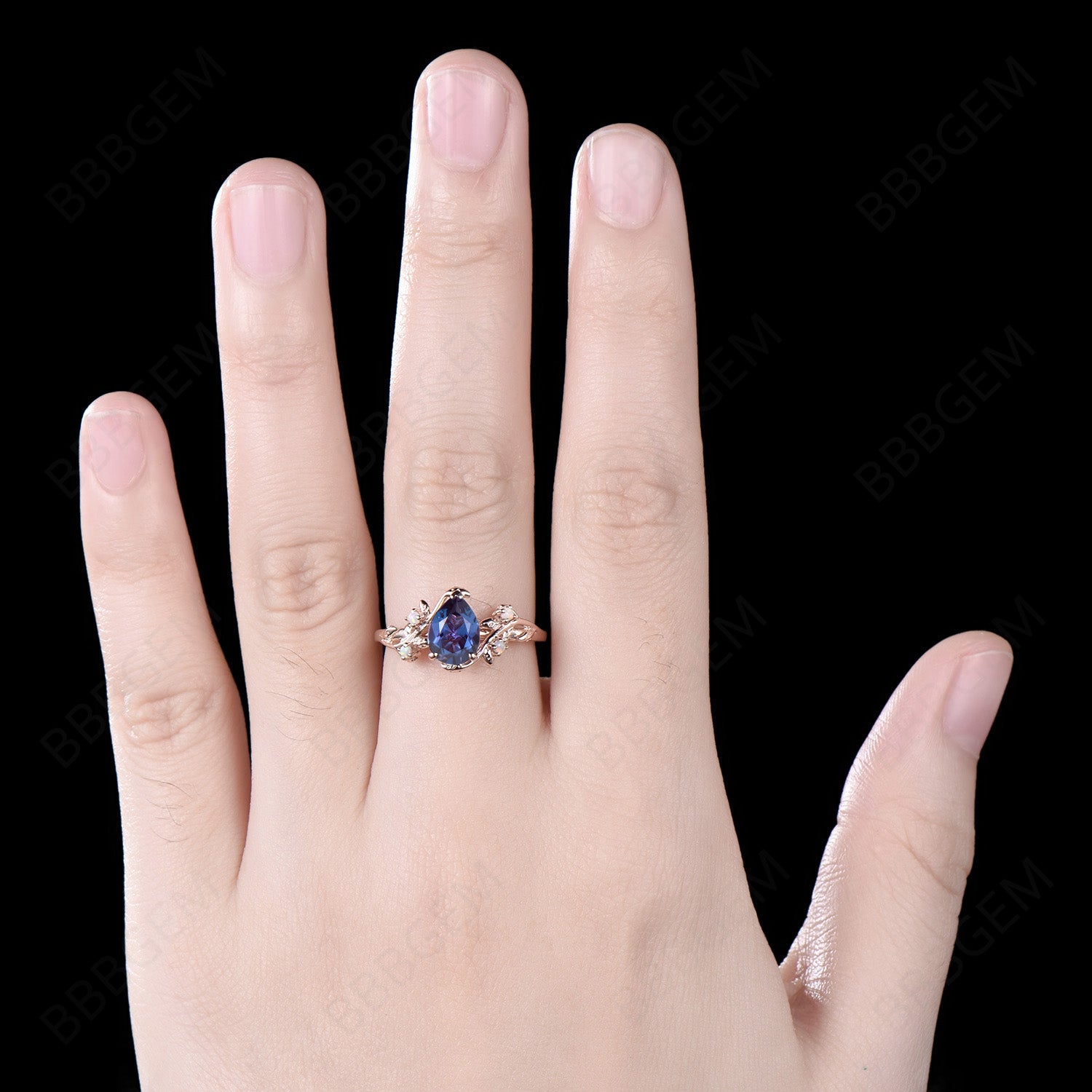 14K Rose Gold Pear Shaped Alexandrite Engagement Ring with Twig Leaf Design & Opal Accents - June Birthstone Jewelry for Proposal, Anniversary & Special Occasions