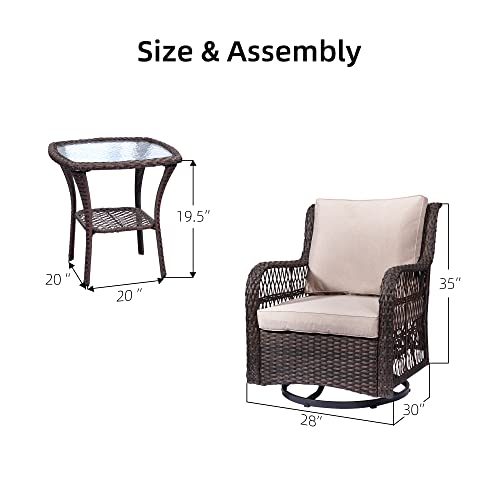 GARVEE 3-Piece Rattan Swivel Rocking Chair Set for Outdoor Patio, Wicker Bistro Conversation Furniture with Cushions & Side Table - Perfect for Garden, Porch, and Backyard Relaxation