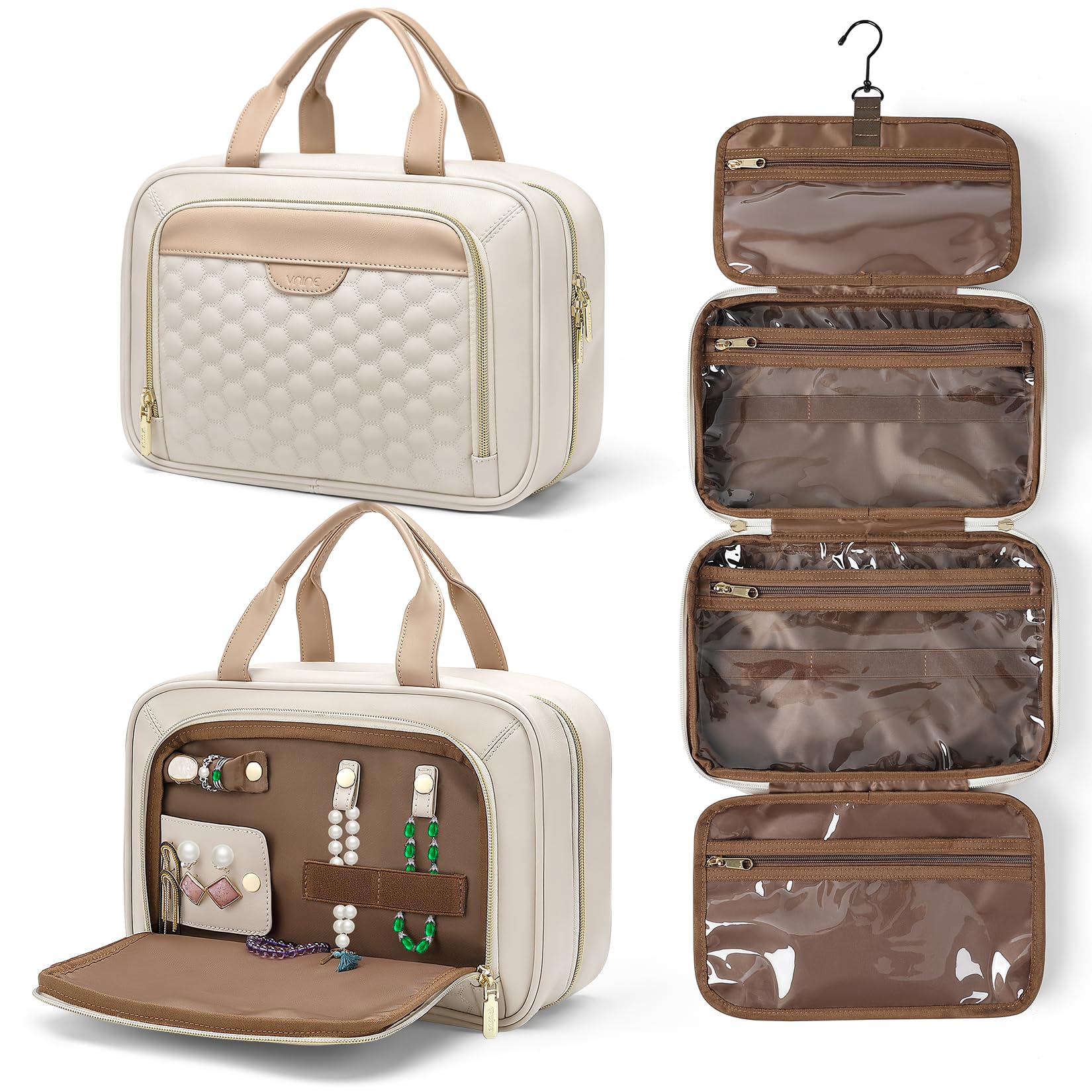 Vegan Leather Cosmetic Travel Bag for Women - Water-Resistant Toiletry Organizer with Multiple Pockets - Perfect for Vacation, Gym & Airplane Essentials (White)