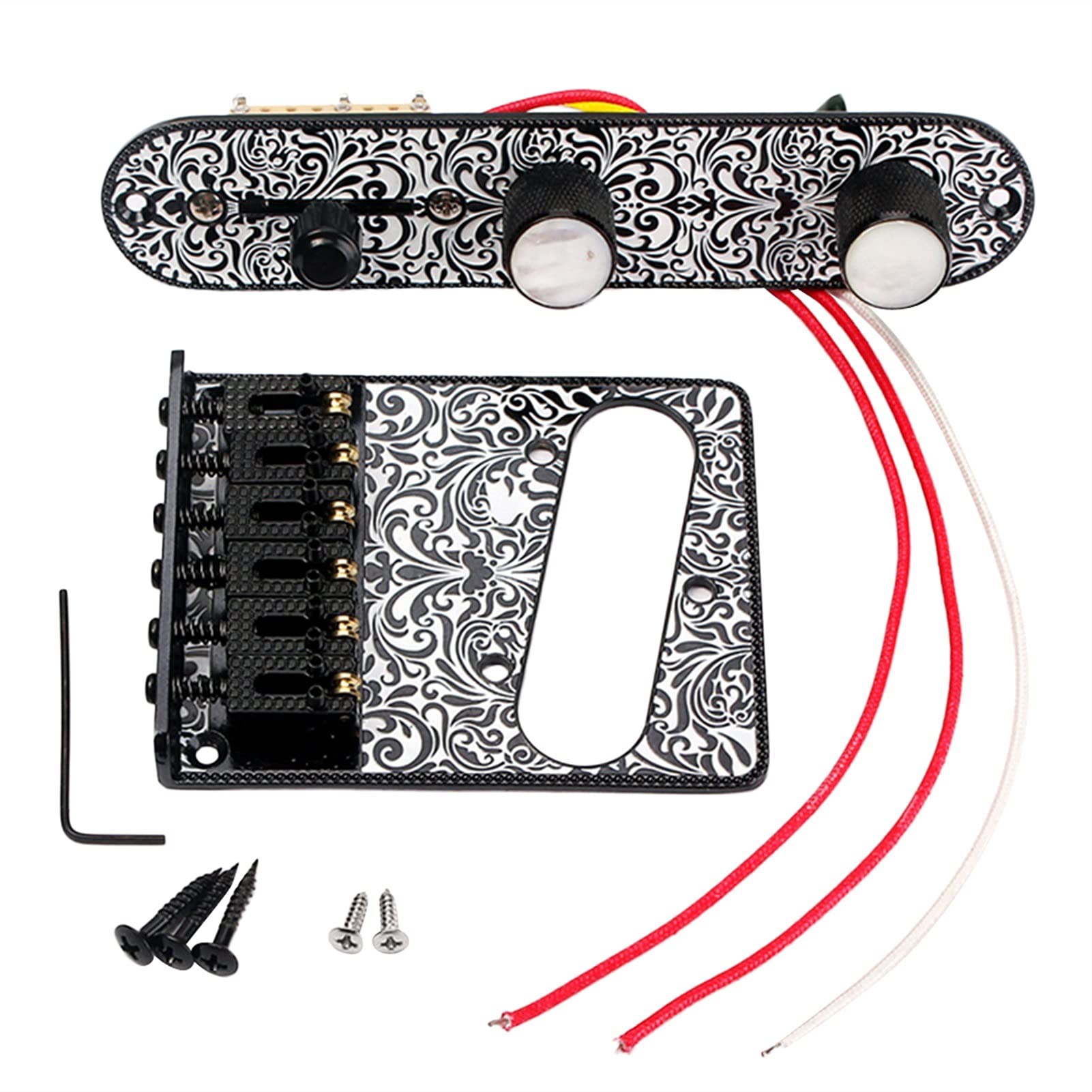 6 Saddle Top Loader Guitar Bridge with Control Plate, Screws & Wrench - Black Replacement Bridge Parts for TL Guitars | Perfect for Guitar Repair, Maintenance & Hardware Upgrades