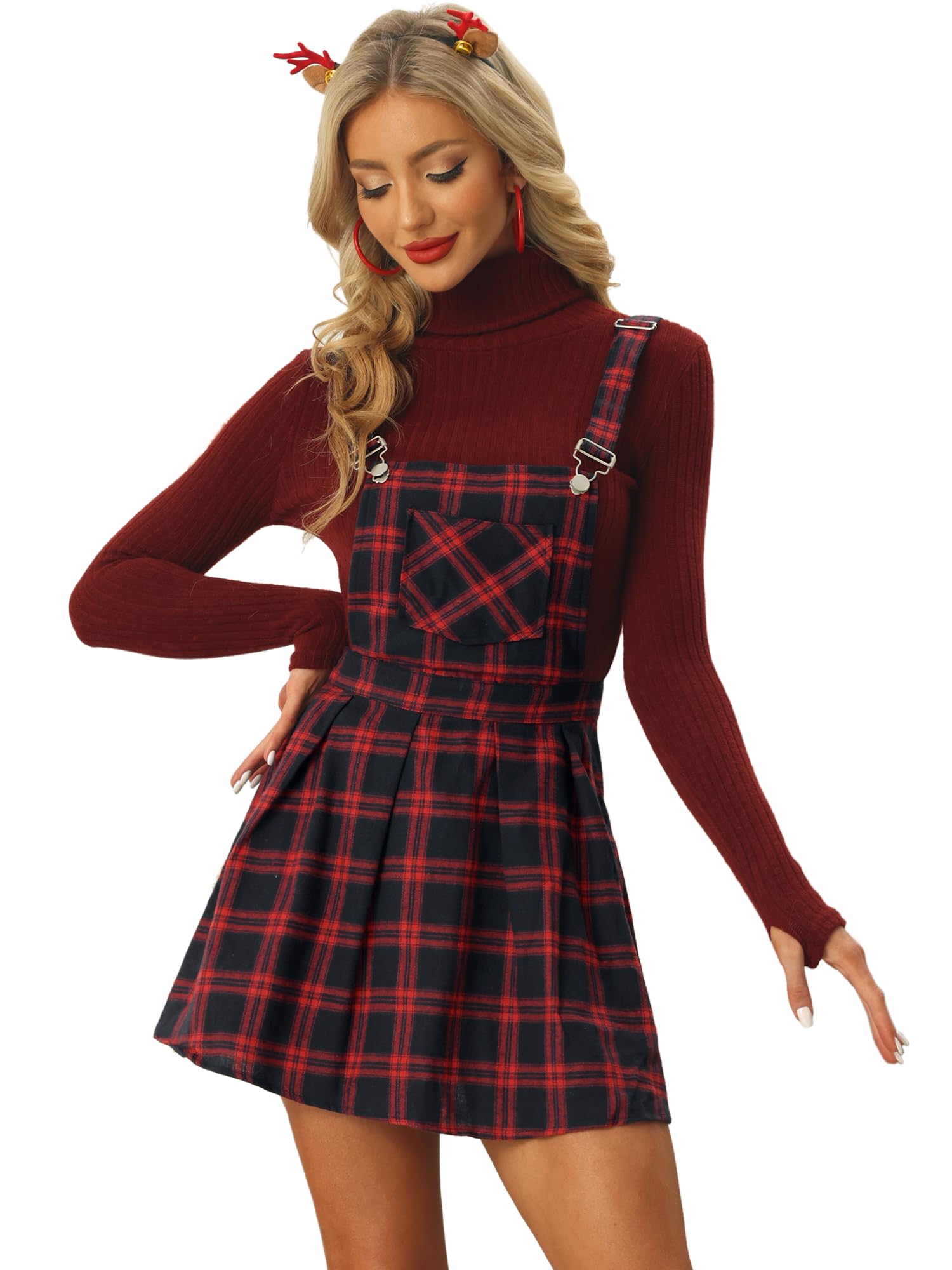 Allegra K Women's Adjustable Strap Christmas Pinafore Dress - Floral Checkered Suspender Skirt for Holiday Party, Festive Outfit, Vintage Style Fashion