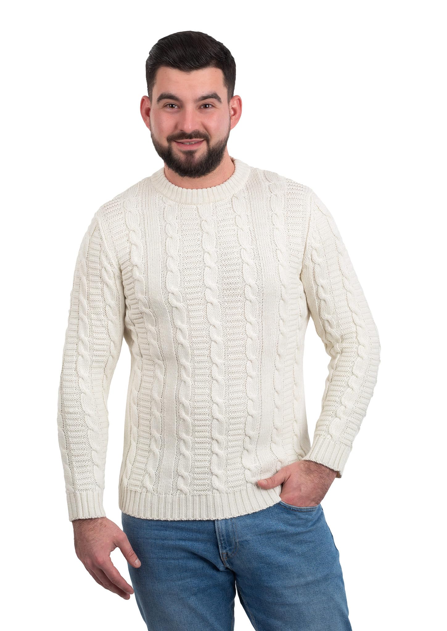 SAOL Men's Crew Neck Soft Wool Blend Knit Irish Aran Sweater Pullover - Warm Winter Casual Sweater for Men - Perfect for Outdoor Activities, Office Wear & Holiday Outfits