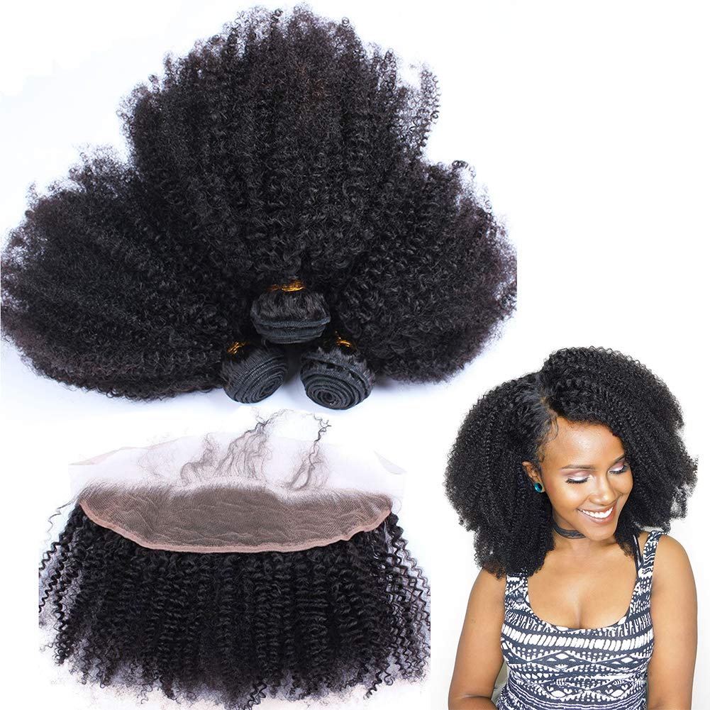 Mongolian Afro Kinky Curly Weave 3 Bundles with Lace Frontal 8A - 16