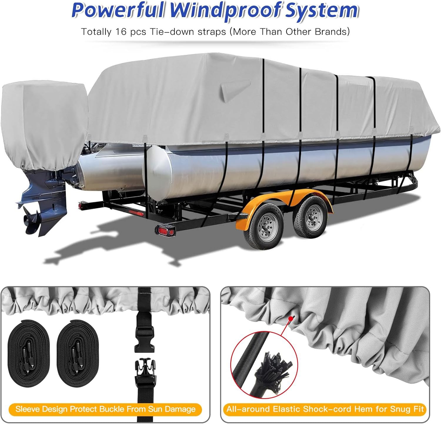 1200D Heavy Duty Waterproof Pontoon Boat Cover - Universal Fit for 25-28ft Boats with Motor Protection, UV Resistant, Gray - Perfect for Outdoor Storage & Marine Use
