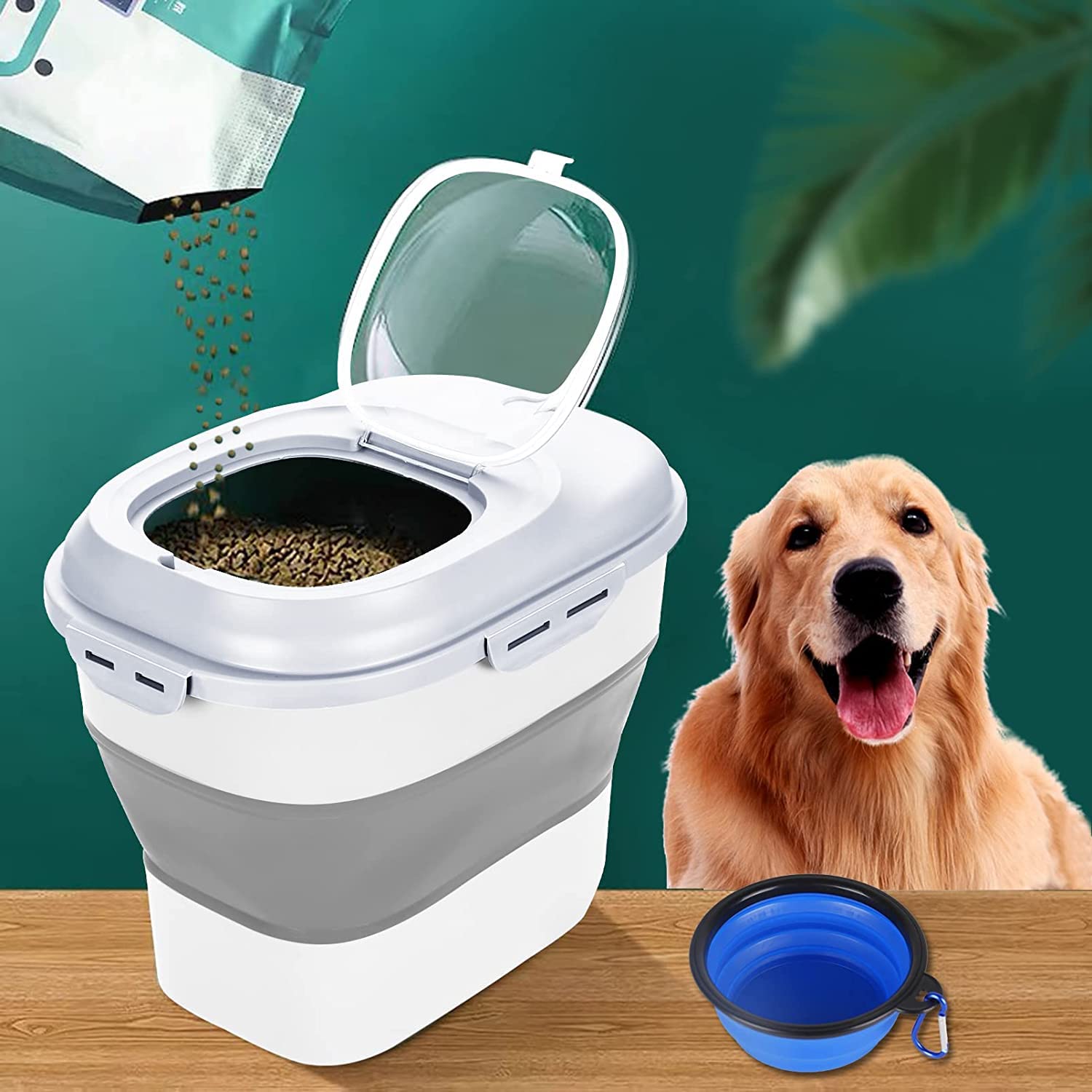 Olpad 30Lb Foldable Pet Food Storage Container - Airtight Plastic Bin with Measuring Cup, Sealed Lid & Wheels for Dog, Cat & Fish Food | Perfect for Kitchen, Pantry & Bulk Rice Storage