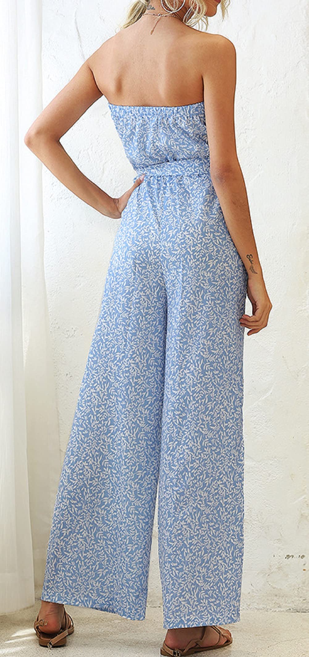 CHARTOU Women's Off The Shoulder Wide Leg Loose Floral Print Belt Bandeau Jumpsuit - Summer Beach Party, Vacation Outfit, Casual Wear, Boho Chic Fashion