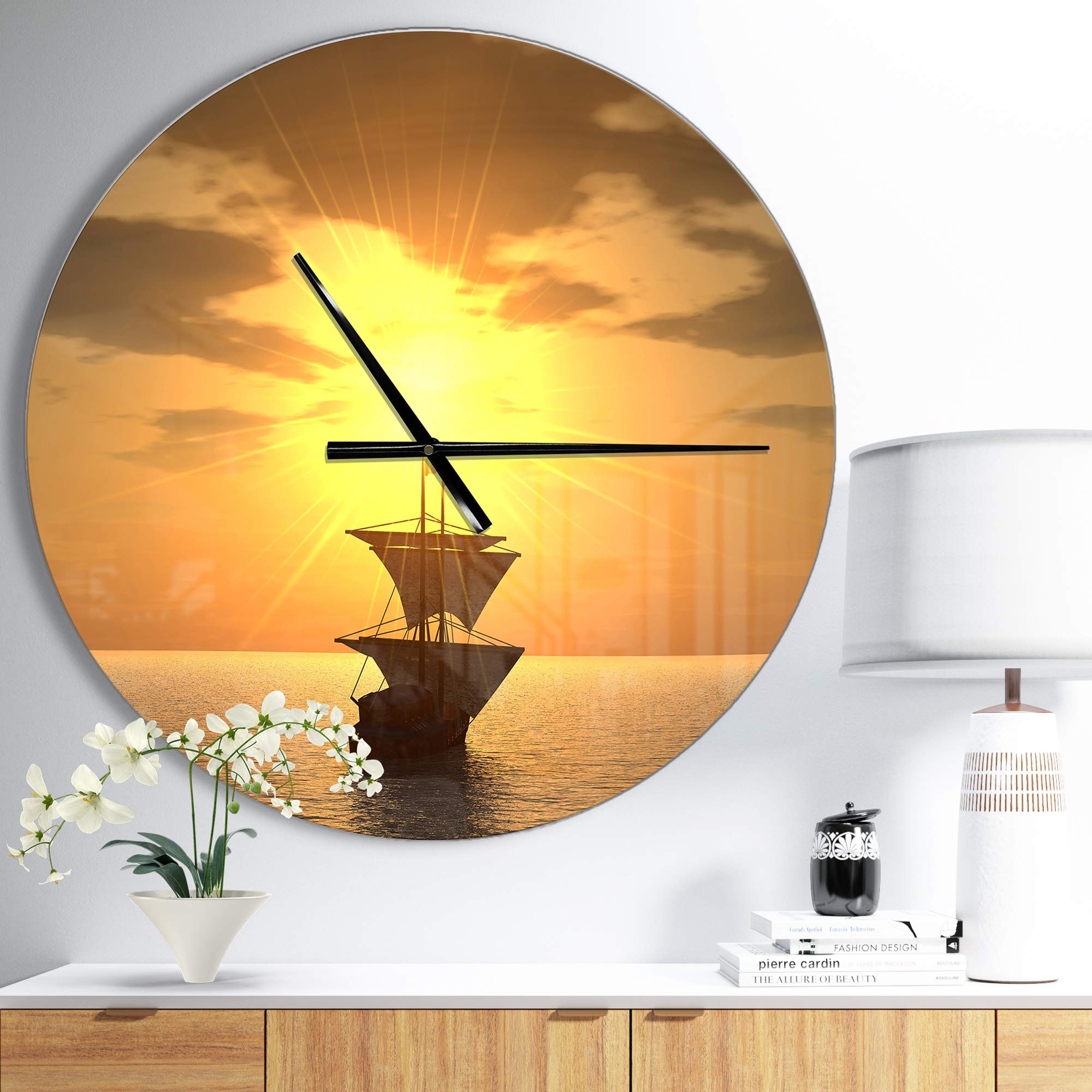 Designart Ship and Sunset Wall Art - Modern Round Metal Wall Clock for Home, Living Room, Bedroom & Office Decor | Contemporary Circle Wall Decoration | Perfect for Coastal, Nautical & Sunset Themed Interiors