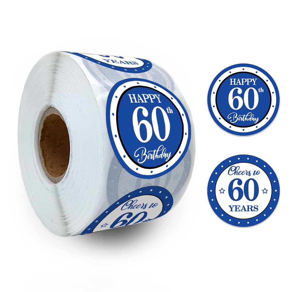 REWIDPARTY Blue 60th Birthday Stickers - 500 PCS Cheers to 60 Years & Happy Birthday Rolls - Perfect for Milestone Celebrations, Party Decorations & Gift Wrapping