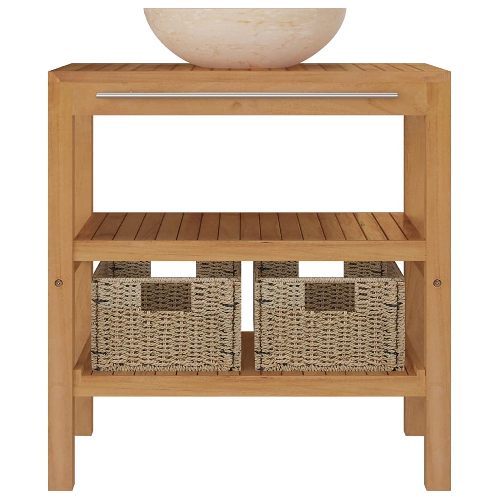 Premium Solid Teak Wood Bathroom Vanity with Cream Marble Sink & Seagrass Storage Baskets - Modern Farmhouse Style for Master Bath, Guest Bath & Powder Room Organization