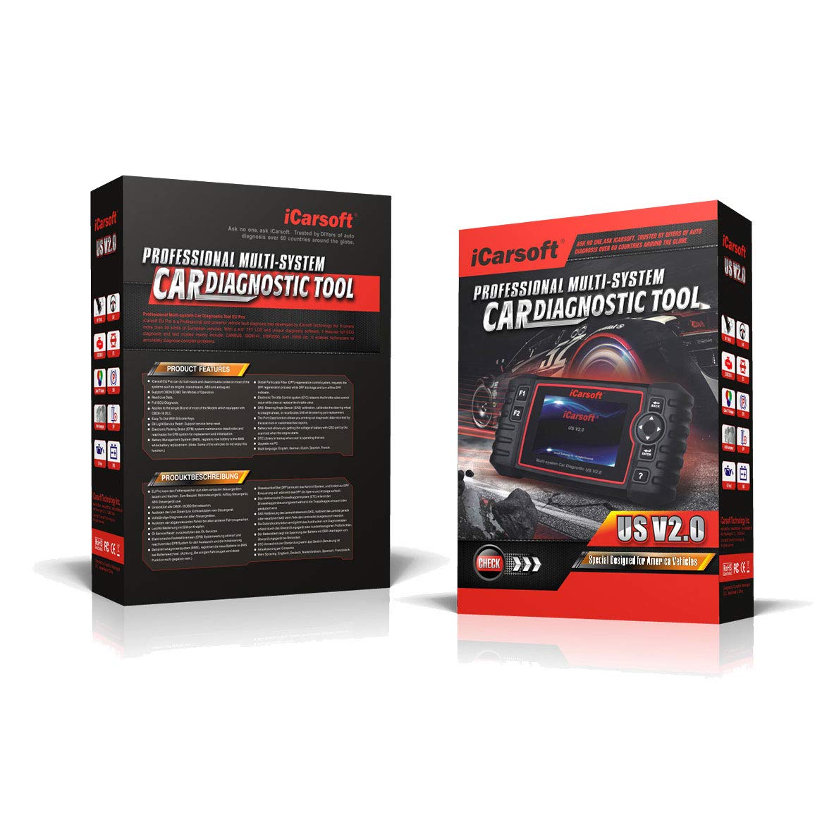 iCarsoft US V2.0 OBD2 Scanner - Professional Diagnostic Scan Tool for Ford, GM, Chevy, Buick, Cadillac, GMC, Chrysler, Jeep, Holden - Oil Reset, EPB, BMS, DPF, SAS, ETC, BLD, INJ Functions | Perfect for Mechanics & DIY Car Maintenance