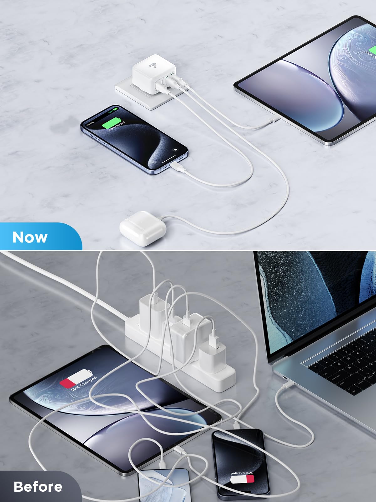 40W 4-Port USB C Fast Charger with PD & QC 3.0 - Dual USB-C & Dual USB-A Wall Charger Adapter for iPhone 16/15/14/13/12/11 Pro Max/XS/XR/8/SE, Samsung Galaxy, iPad - Perfect for Home, Office & Travel Charging